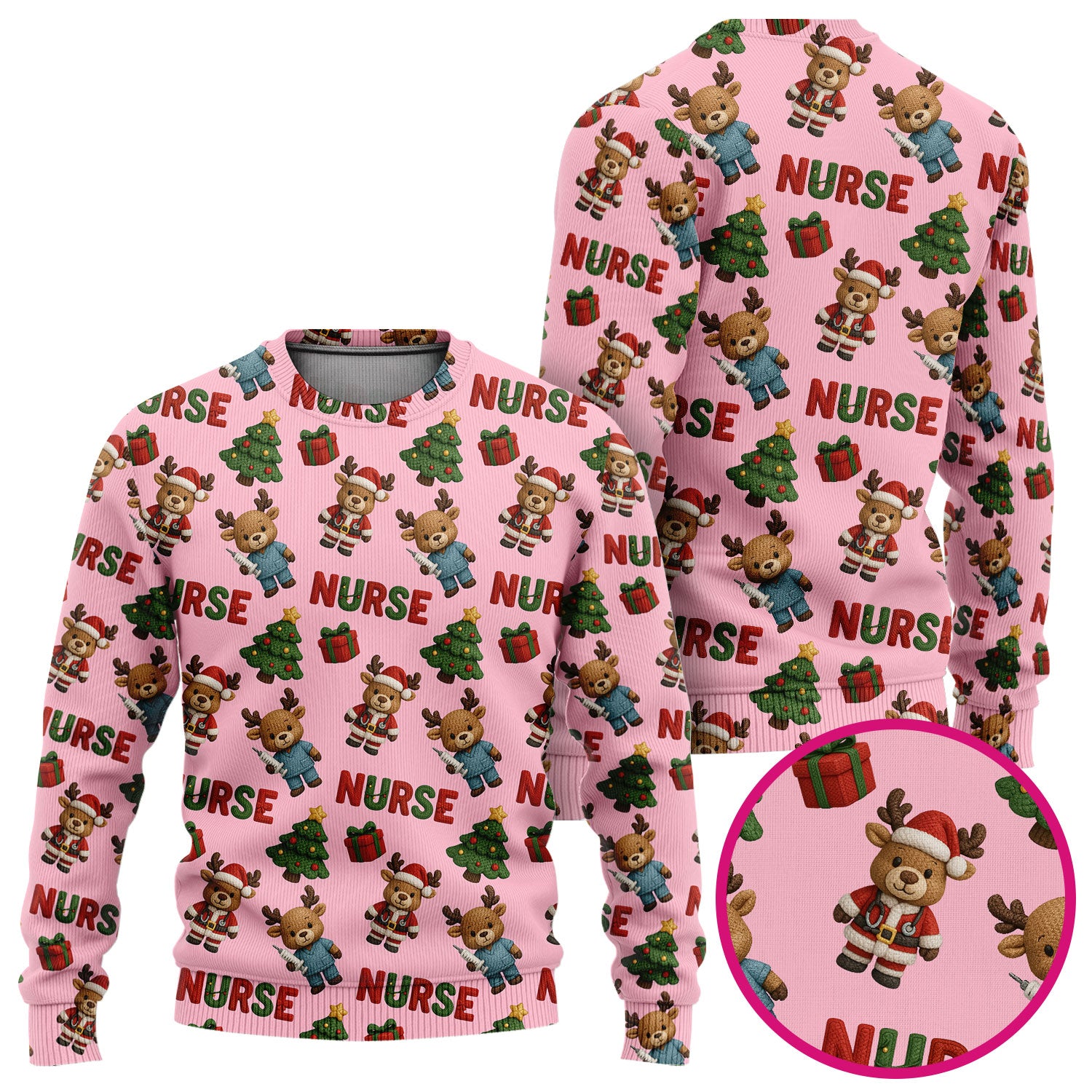 Reindeer Christmas Ugly Sweater, Cute Holiday Nurse Ugly Sweater, Festive Pattern Nursing Christmas Sweater