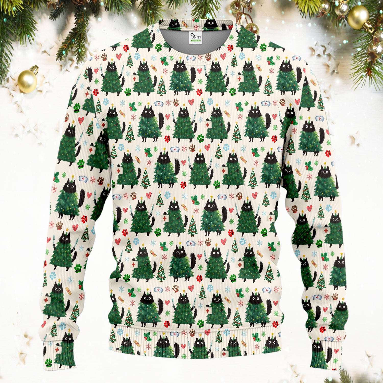 Christmas Nurse Scrub Set, Xmas Black Cat Pattern Nurse Shirt,  Breathable Fabrics Nursing Uniform