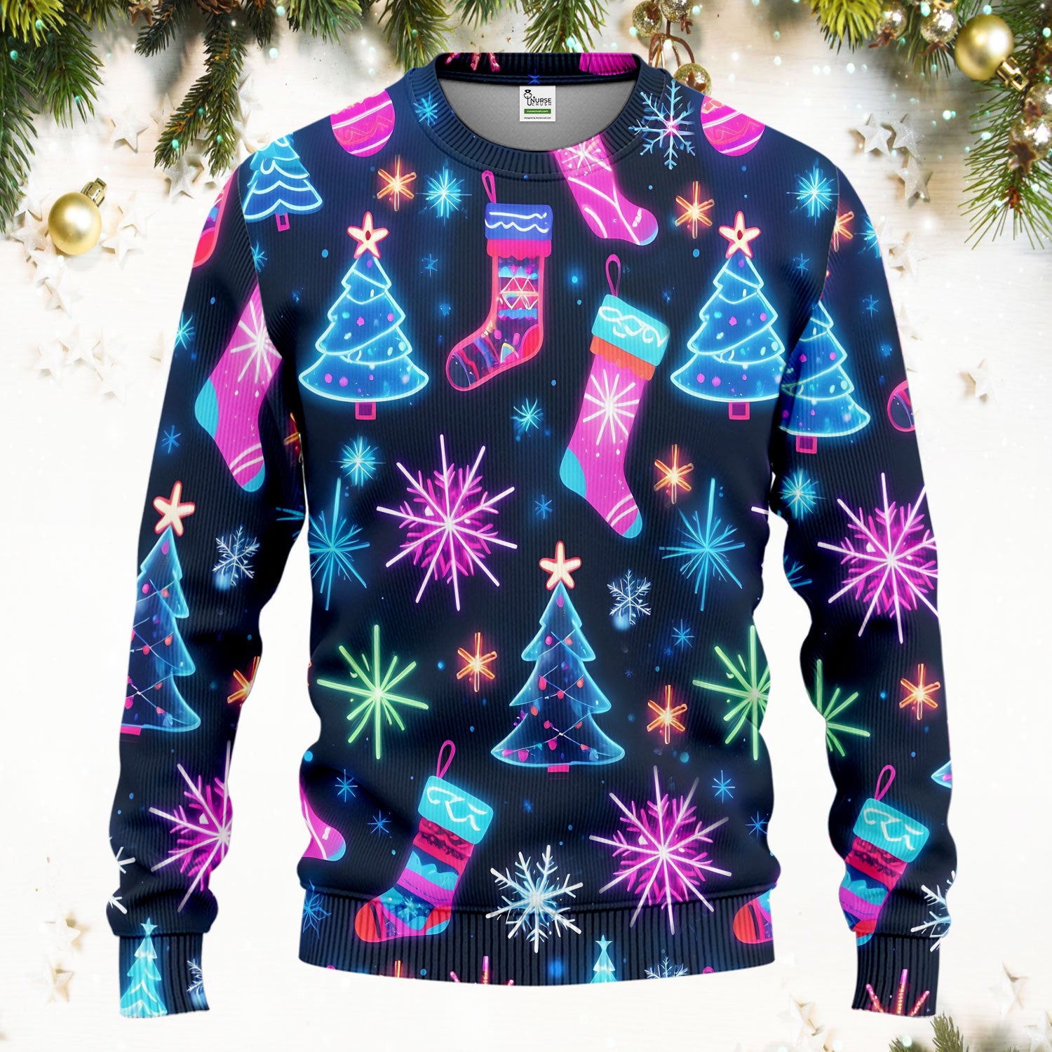 Xmas Neon Pattern Scrub Set, Christmas Scrub Shirt, Breathable Fabrics Nursing Uniform