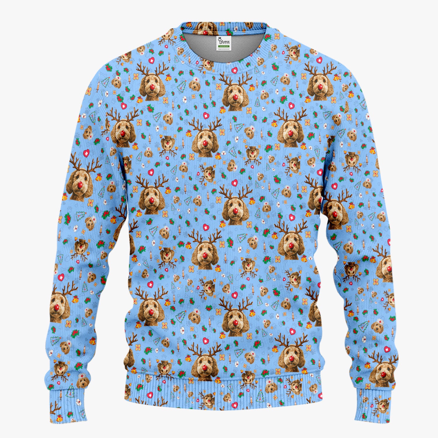 Christmas Labradoodle Scrub Set - Funny Reindeer Dog Nurse Pants and V Neck Top - Cute Holiday Medical Uniform