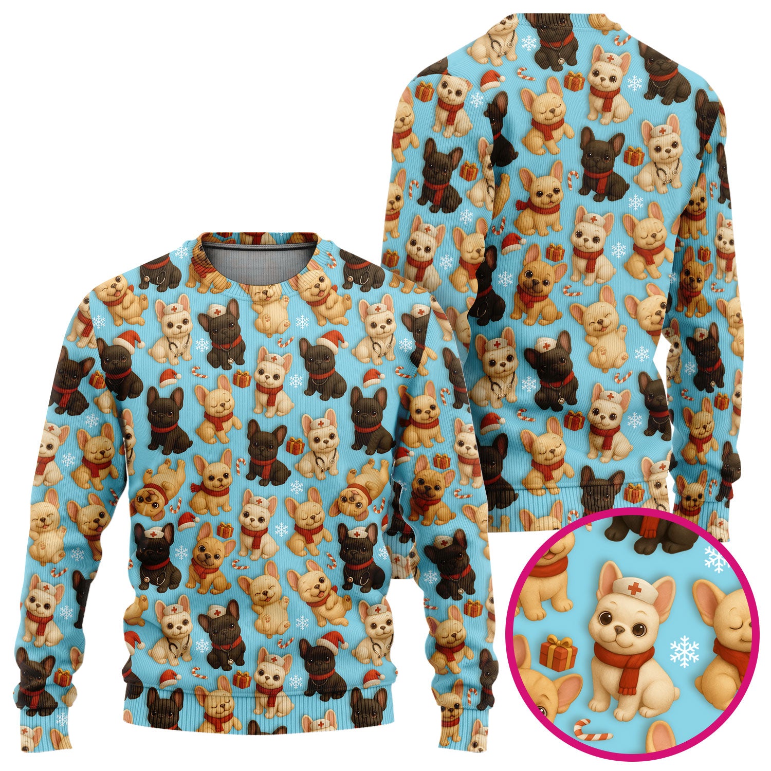 French Bulldog Scrubs Christmas Nurse Set - Cute Holiday Dogs with Candy Canes, Snowflakes & Gifts - Fun Festive Christmas Scrubs for Women
