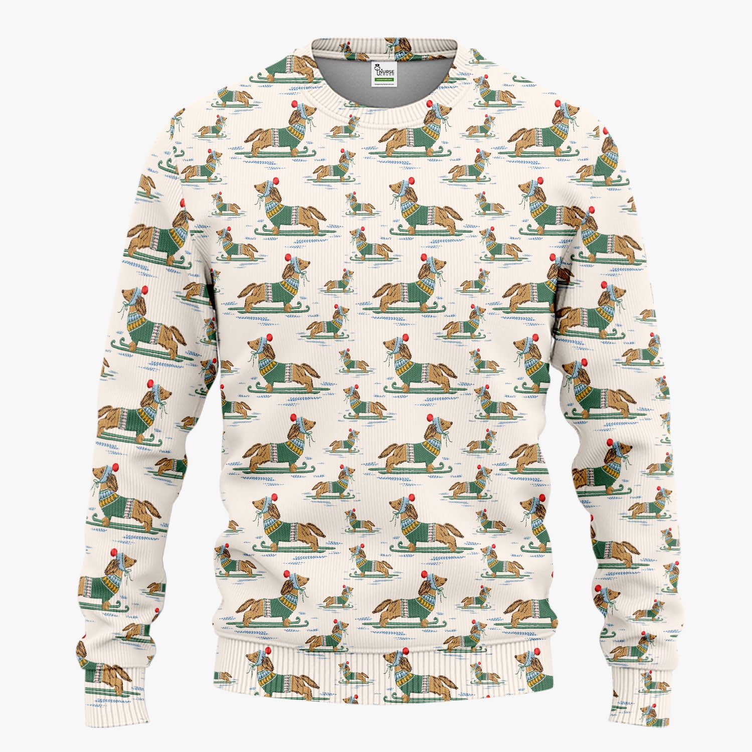 Dachshund Nurse Scrub Set, Wiener Dog Winter Pattern Shirt, Breathable Fabrics Nursing Uniform