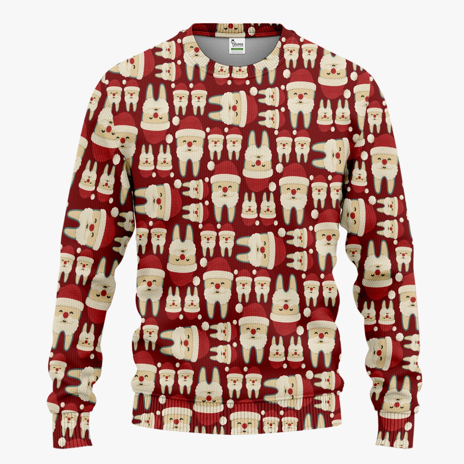 Christmas Tooth Scrub Set - Cute Santa Tooth Pattern for Dentists & Hygienists - Crochet Style Holiday Medical Uniform for Women