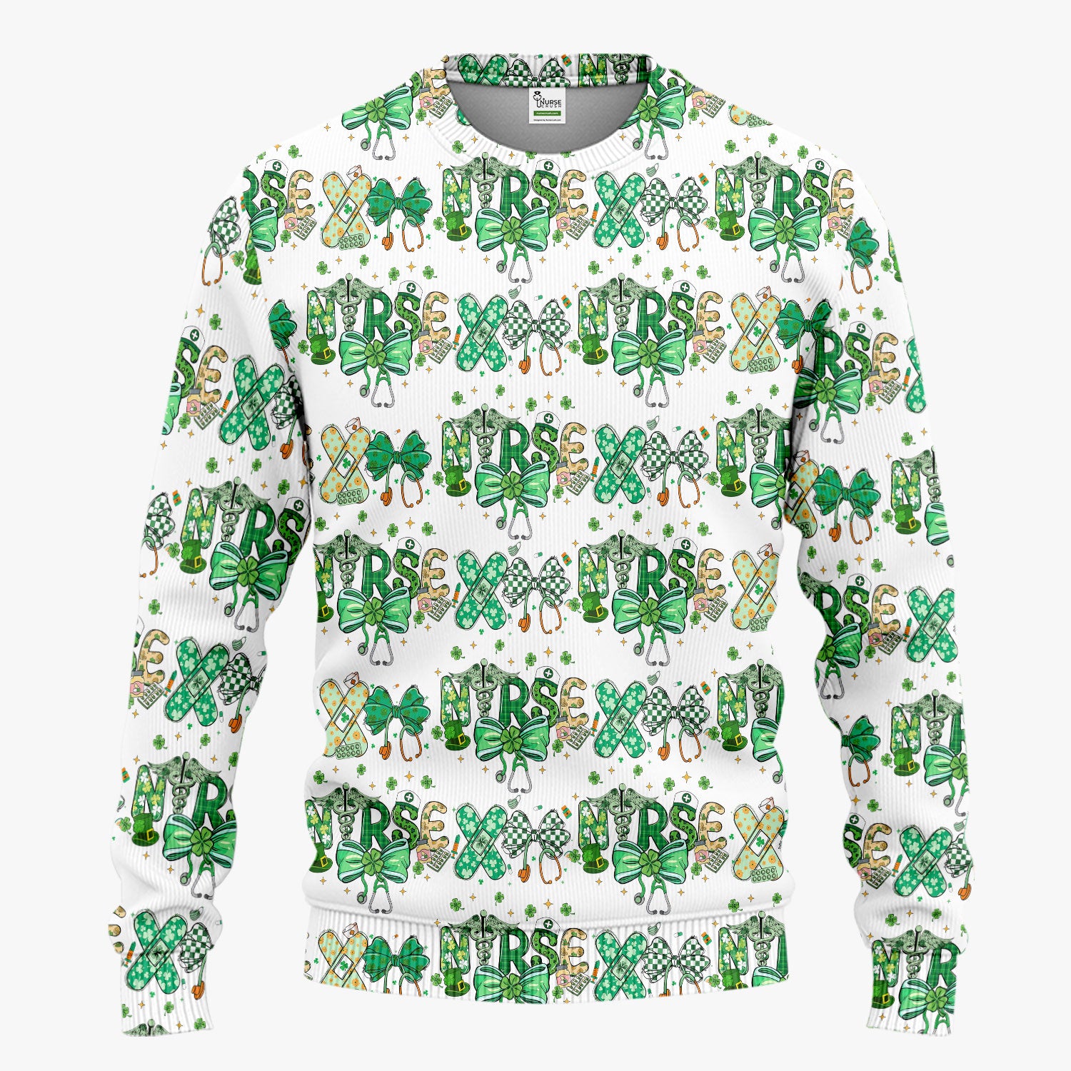 St. Patrick’s Nurse Scrub Set, Lucky Clover And Green Bow Pattern Nurse Shirt, Breathable Fabrics Nursing Uniform