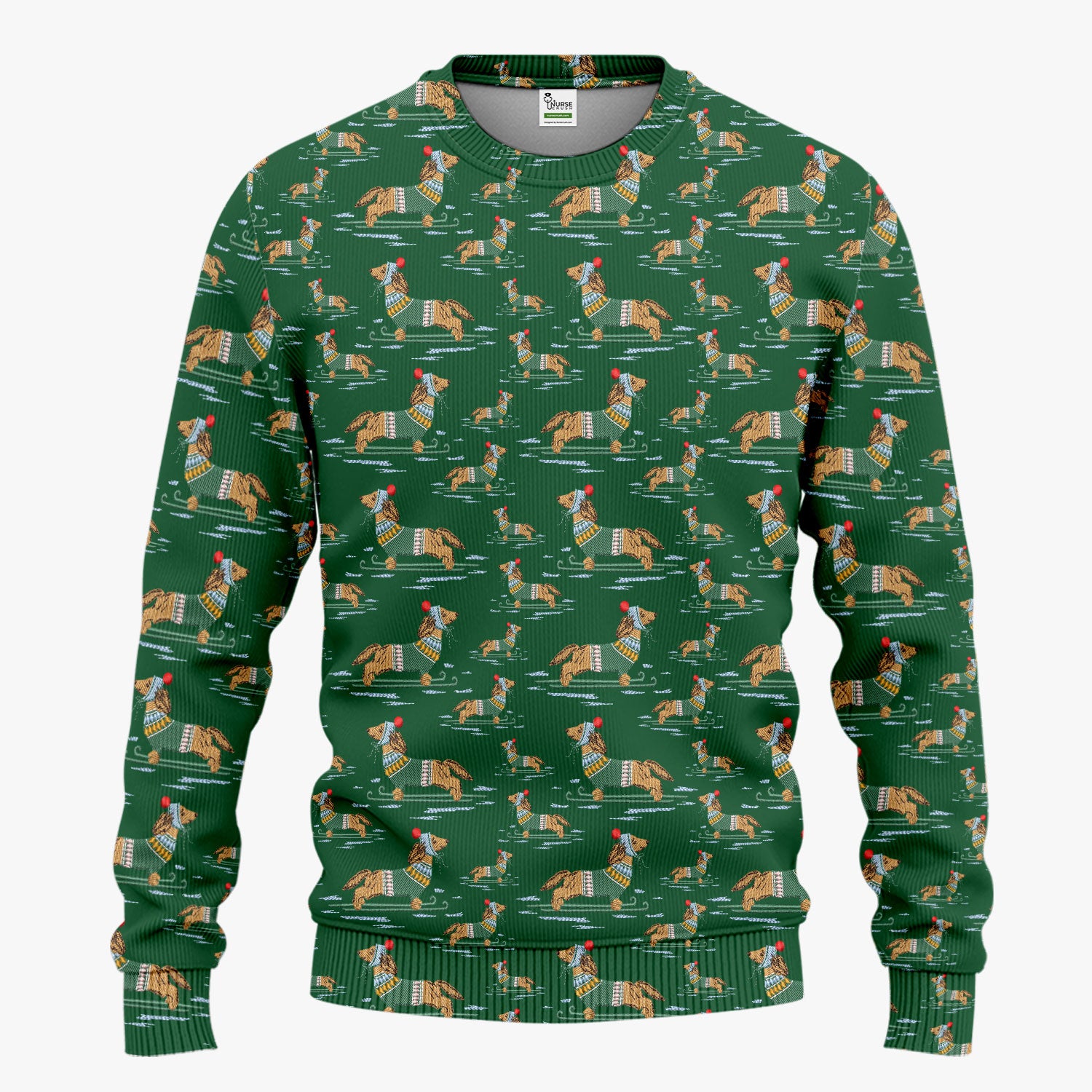 Dachshund Nurse Scrub Set, Wiener Dog Winter Pattern Shirt, Breathable Fabrics Nursing Uniform