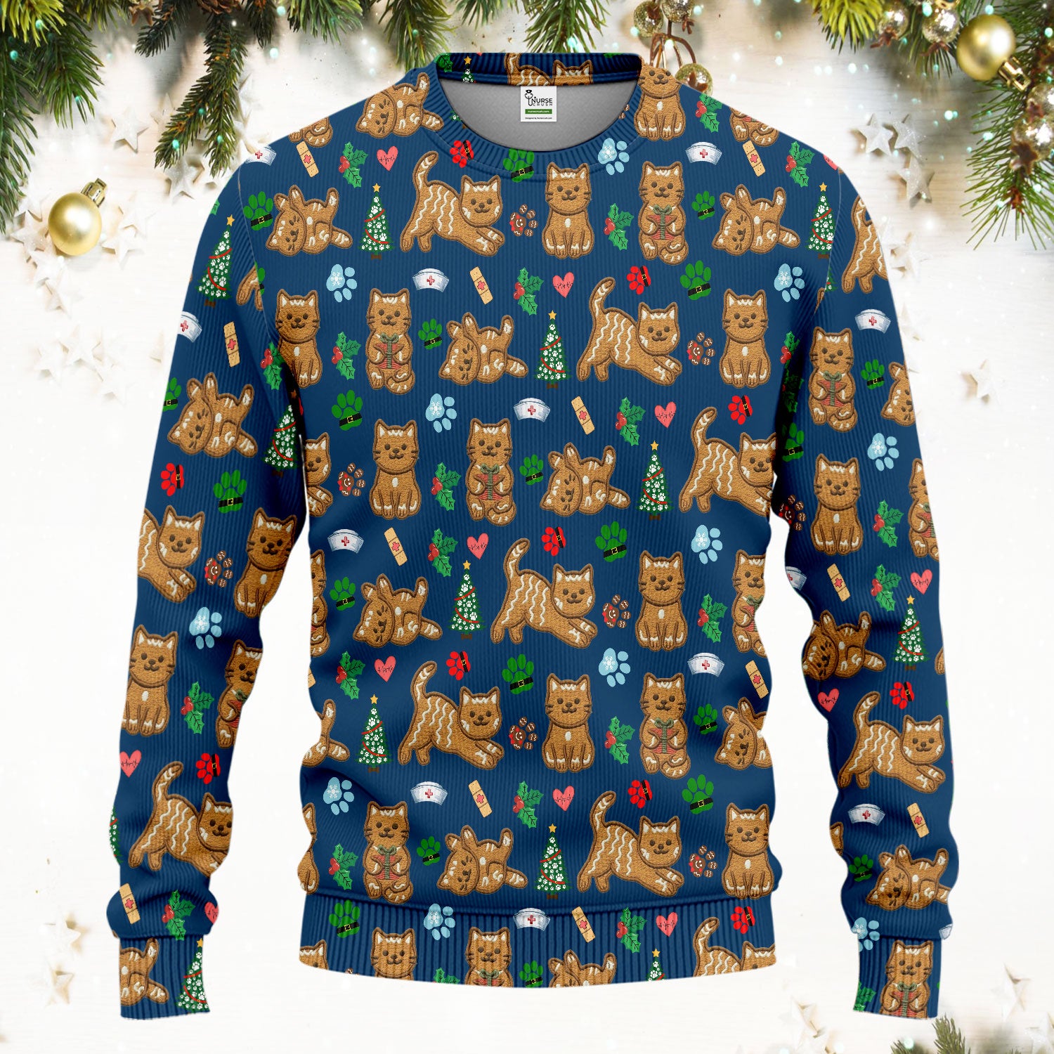 Gingerbread Cat Christmas Scrub Set, Cute Holiday Kitty Medical Uniform Shirt For Nursing, Festive Nurse Pattern
