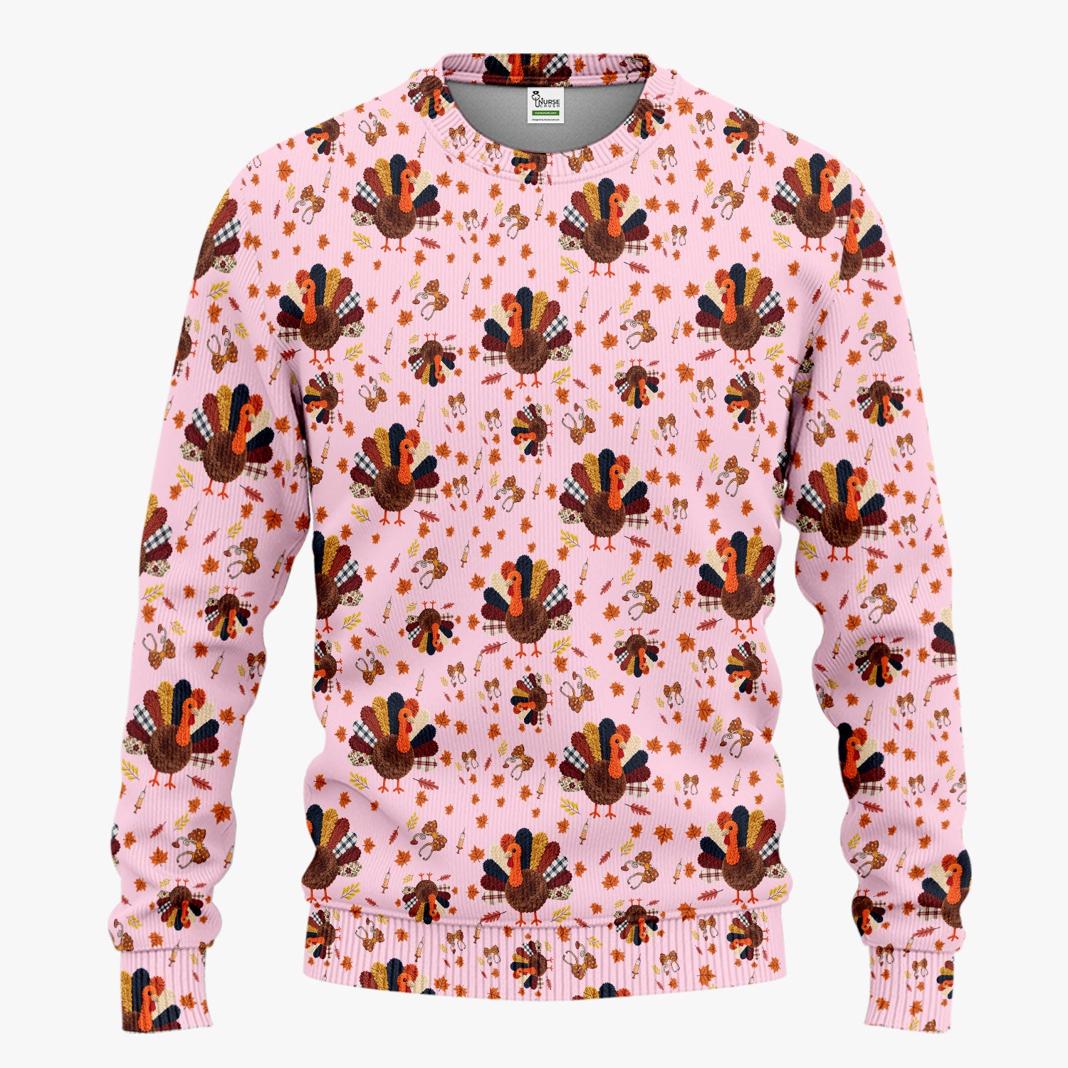 Funny Thanksgiving Nurse Scrub Sets - Fall Leaves and Pumpkin Scrub Pants and V Neck Top - Autumn Turkey Med Uniform