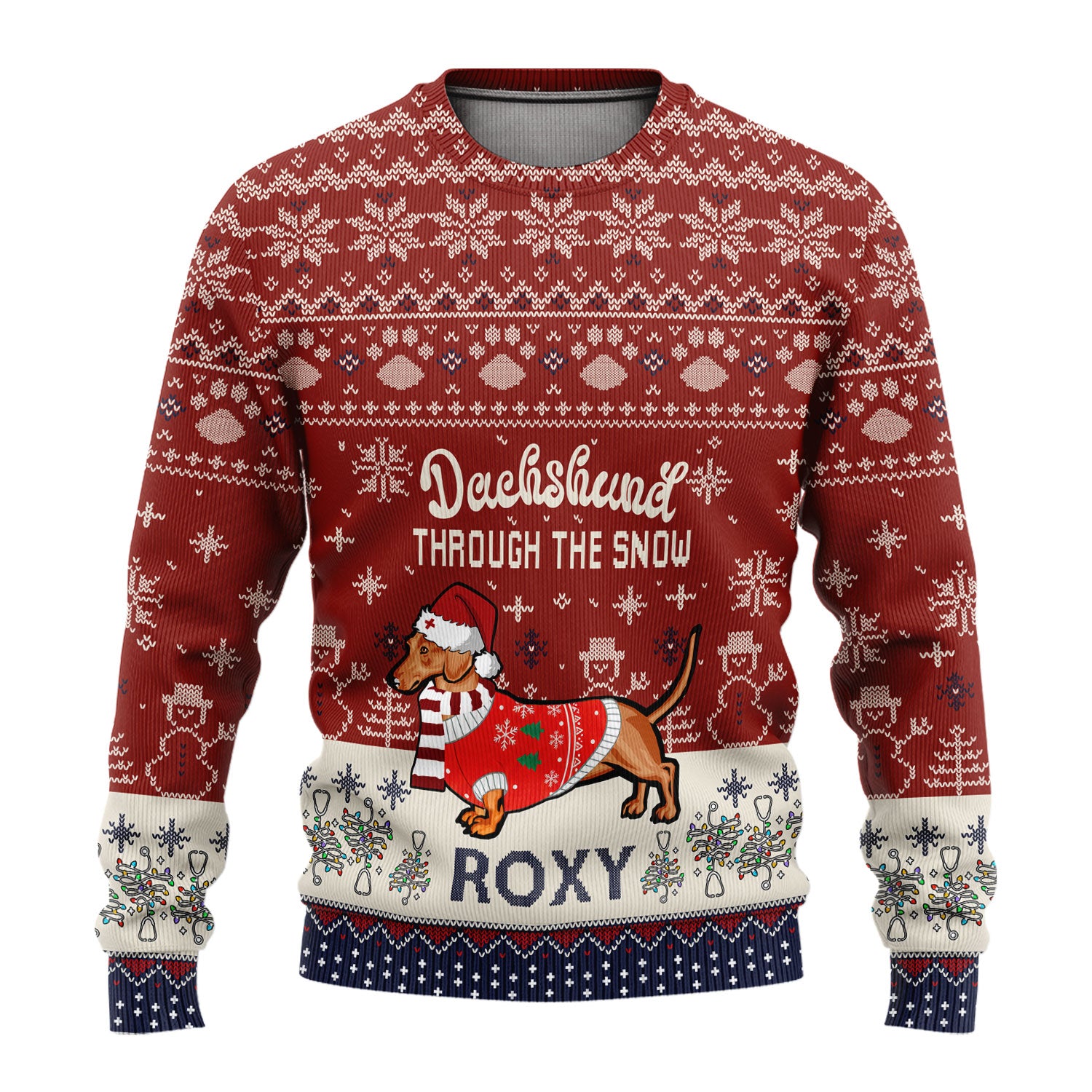 Funny Wiener Dog Christmas Ugly Sweater - Custom Name Dachshund Through The Snow - Cute Holiday Medical Uniform