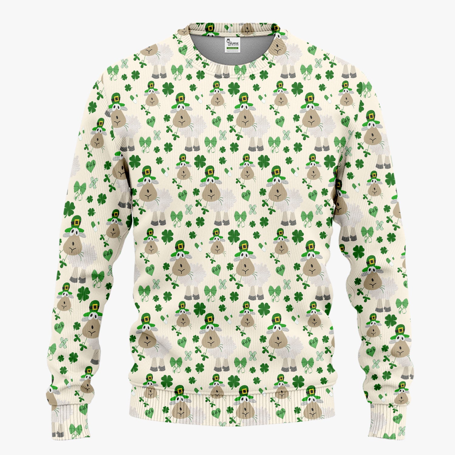 Nurse St. Patrick Scrubs Set, Cute Sheep Shamrock Pattern Nurse Shirt, Breathable Fabrics Nursing Uniform