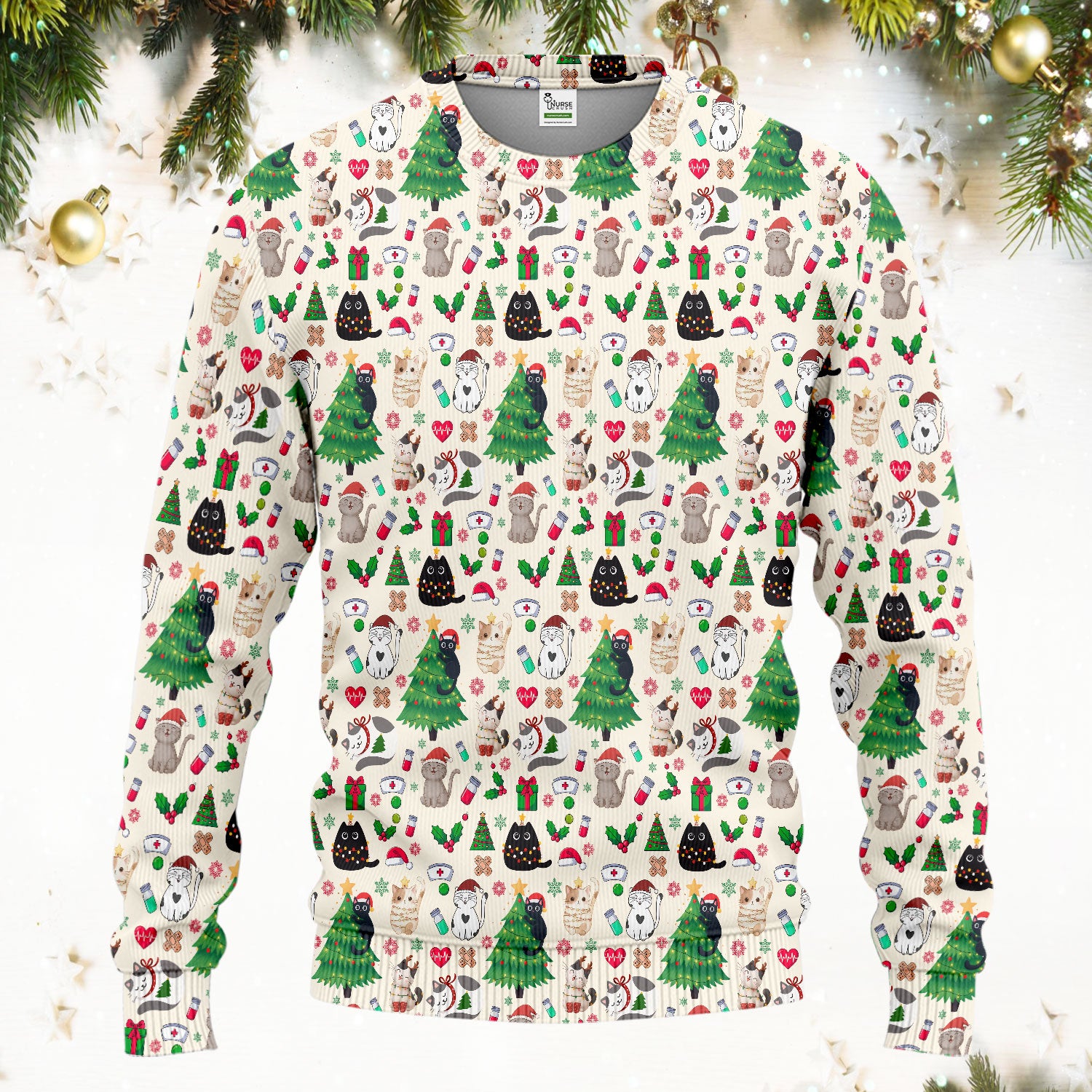 Christmas Cat Scrub Set, Xmas Pet Pattern Scrub Shirt, Breathable Fabrics Nursing Uniform