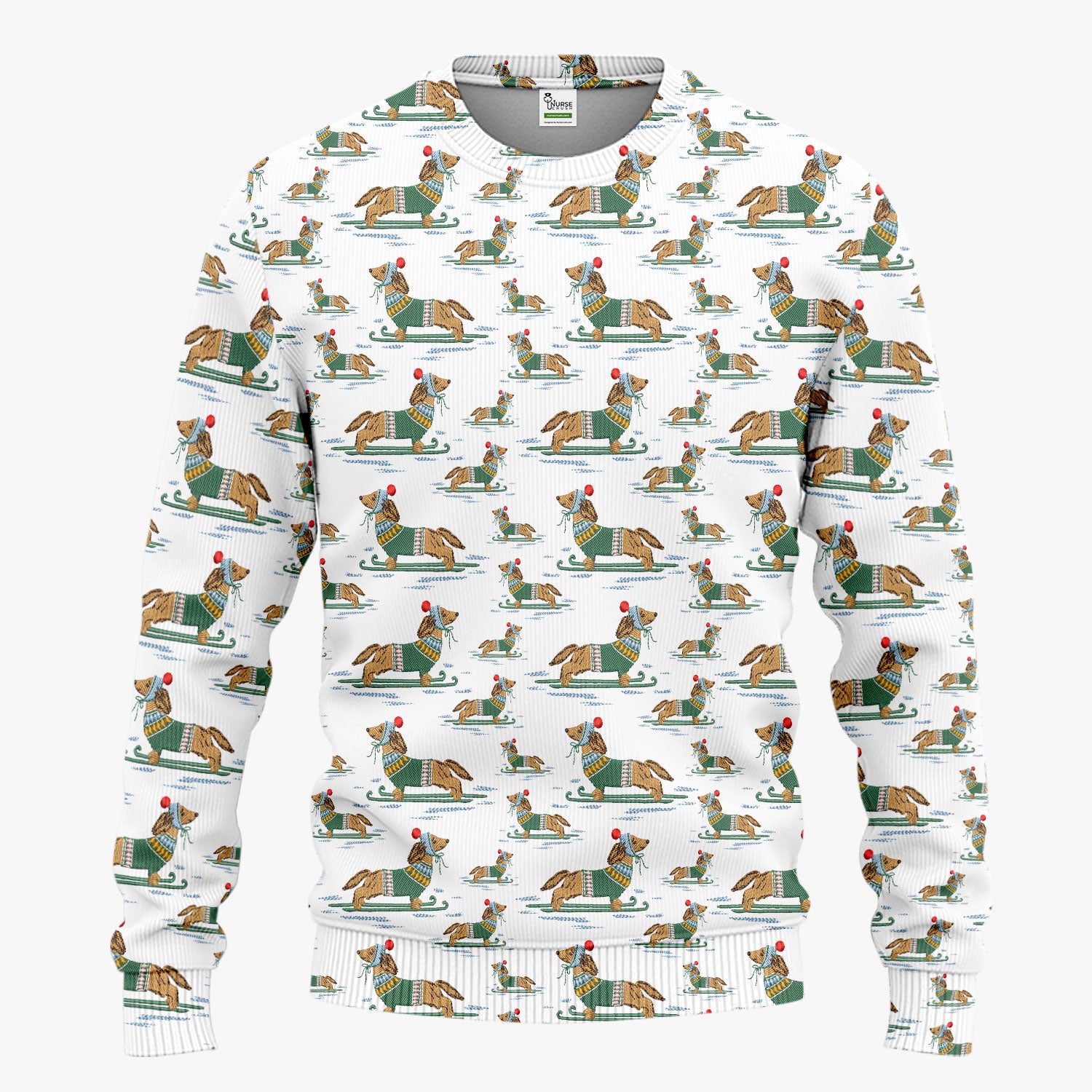 Dachshund Nurse Scrub Set, Wiener Dog Winter Pattern Shirt, Breathable Fabrics Nursing Uniform