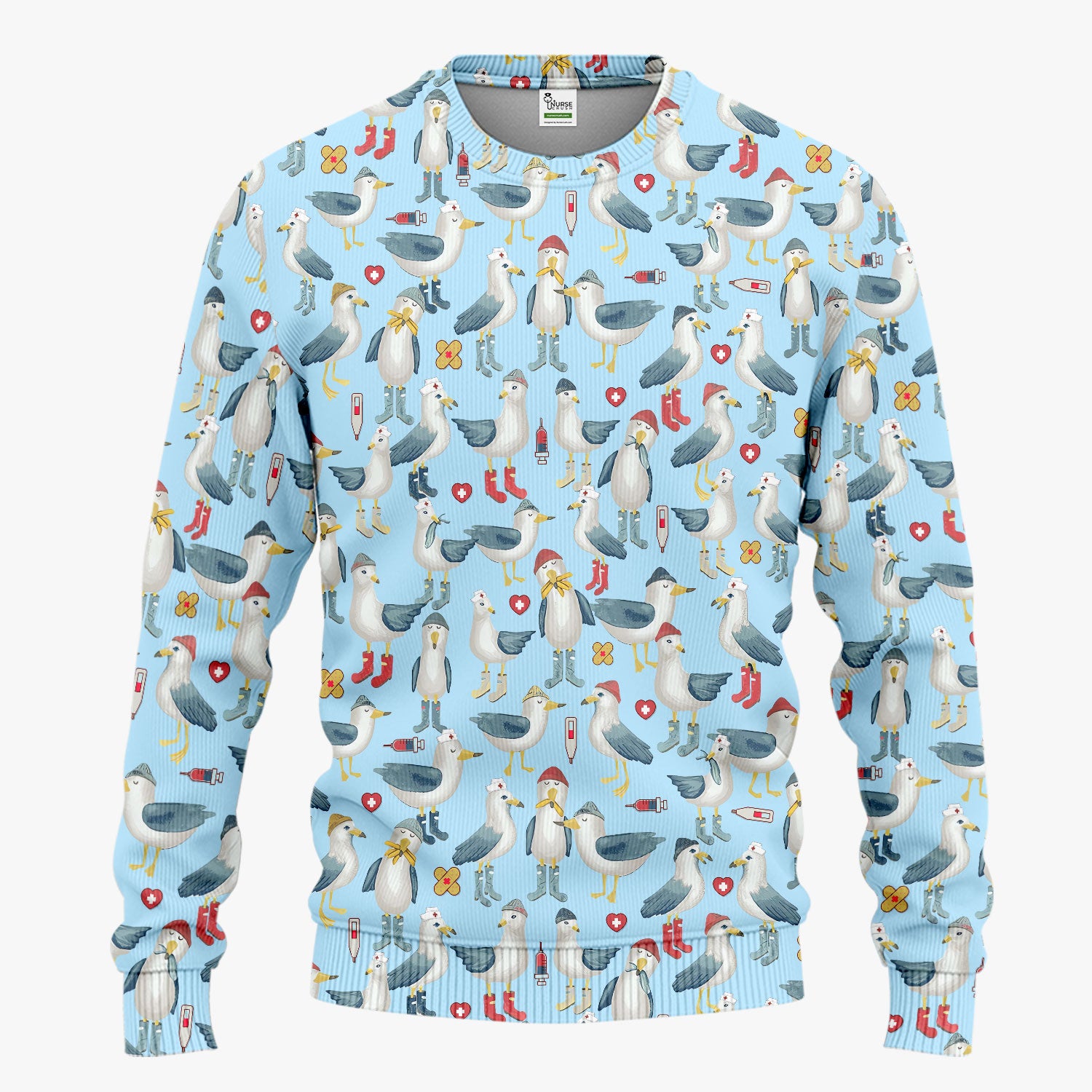 Funny Seagull Nurse Scrub Set - Cute Bird with Medical Icons Scrubs Pants and V Neck Top - Comfortable Scrubs for Women