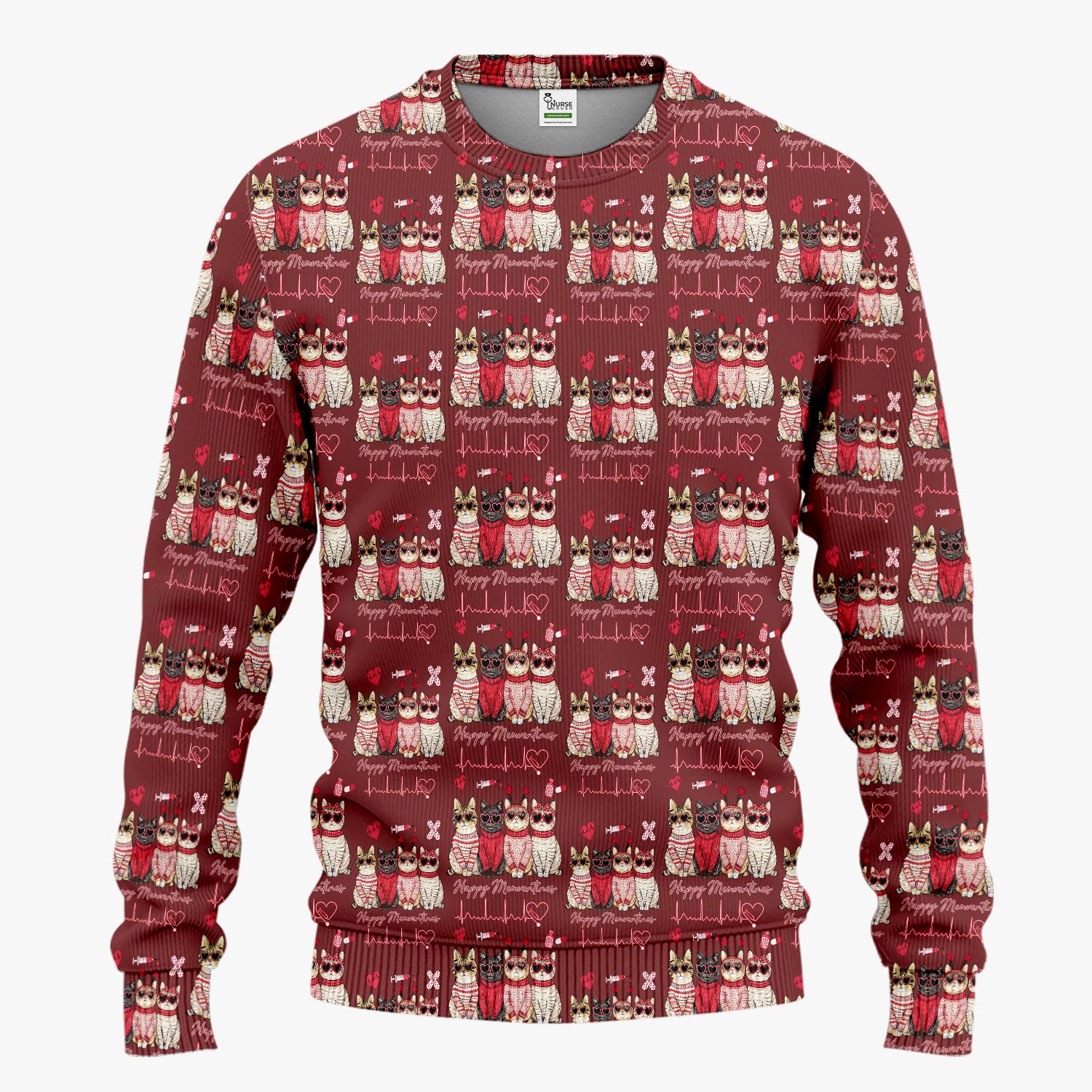 Happy Meowtines Cat Pattern Scrub Set, Valentine Cat Lover Nurse Scrub Shirt, Heartbeat Medical Pattern Nursing Uniform