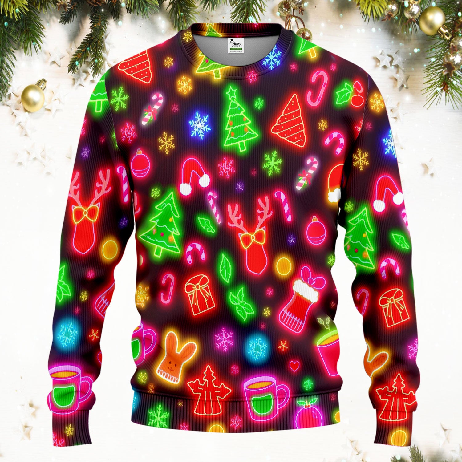 Reindeer Neon Xmas Scrub Set, Christmas Pattern Scrub Shirt,  Breathable Fabrics Nursing Uniform