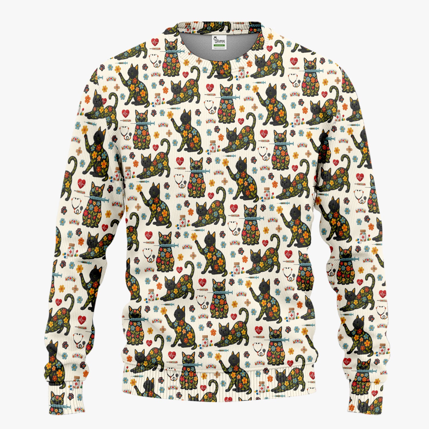Floral Black Cat Pattern Scrub Set, Cute Cat Nurse Scrub Shirt, Medical Nursing Uniform