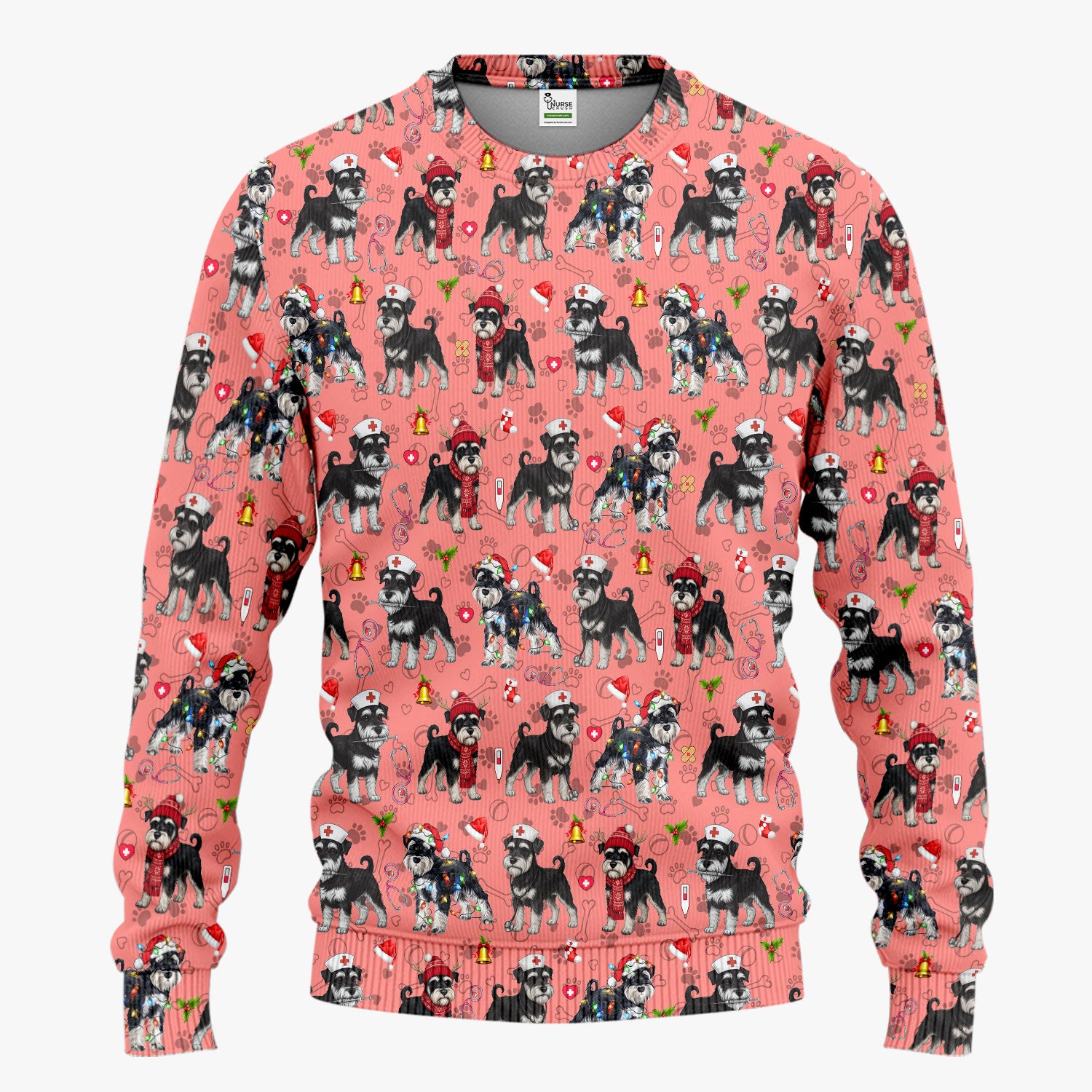 Christmas Schnauzer Scrub Set for Nurses - Cute Dog Holiday Scrubs Pants and V Neck Top - Funny Santa Nursing Medical Shirt for Women