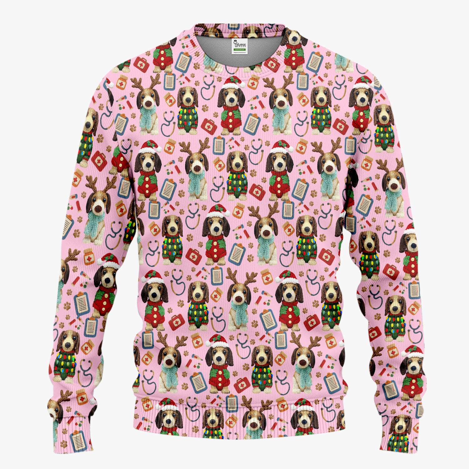 Christmas Wiener Dog Scrubs Set for Women - Cute Dachshund Christmas Scrub Pants and V Neck Top - Puppy Lover Medical Uniform Gift