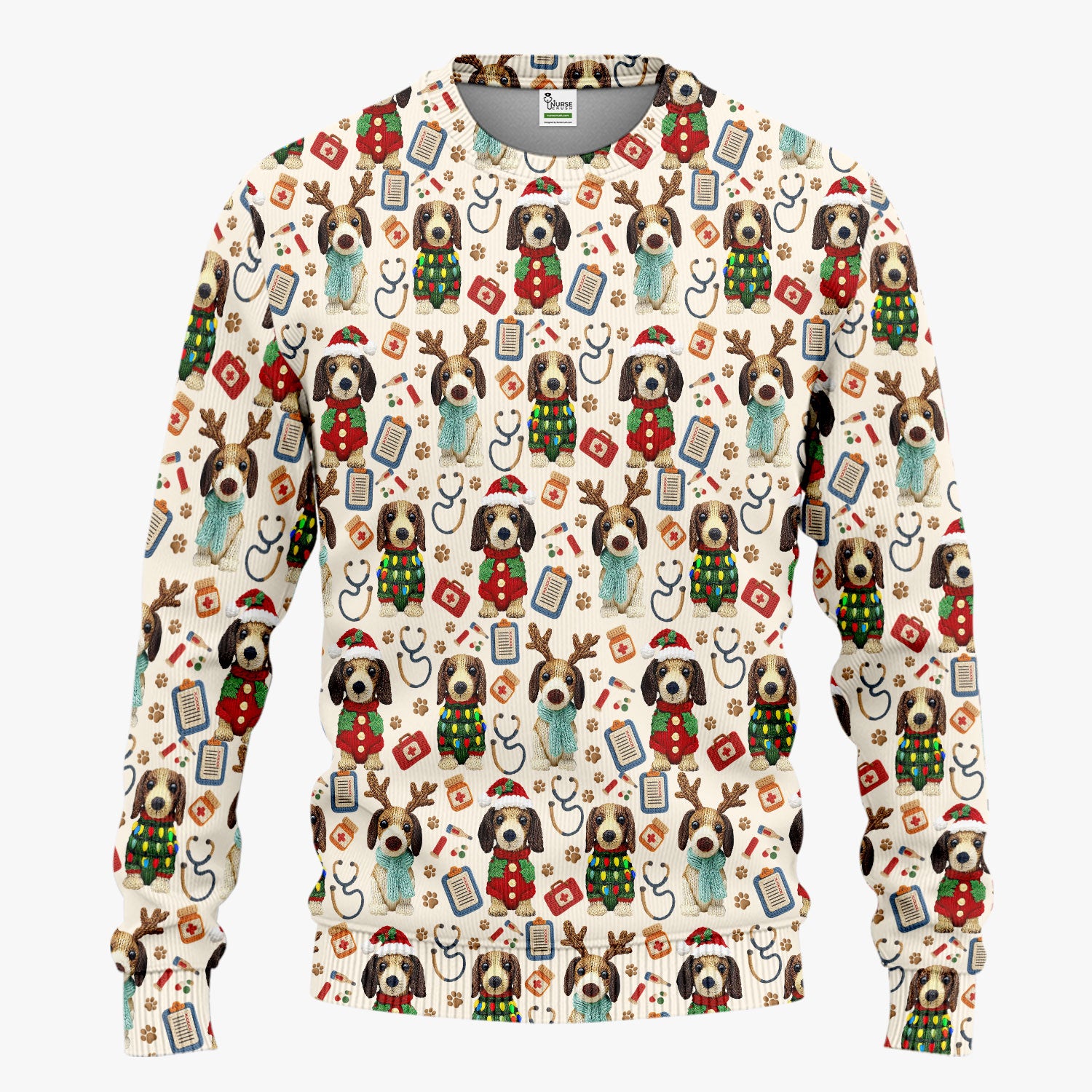 Christmas Wiener Dog Scrubs Set for Women - Cute Dachshund Christmas Scrub Pants and V Neck Top - Puppy Lover Medical Uniform Gift