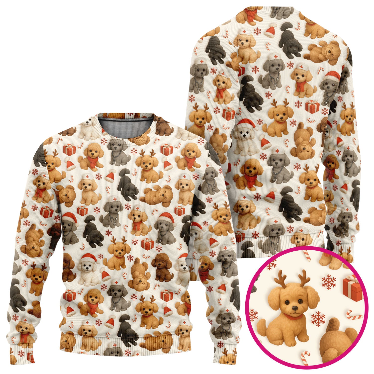 Christmas Poodle Scrubs Set for Women - Cute Dog Pattern Scrub Top & Pants - Festive Holiday Christmas Scrubs with Adorable Poodle Design
