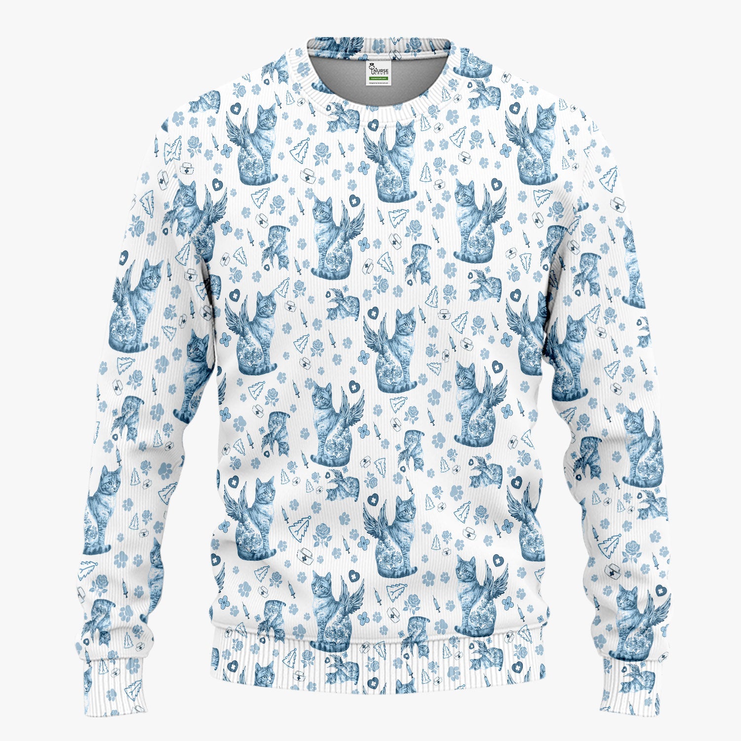 Toile de Jouy Cat Angel Scrub Set - Blue Vintage Nurse Pants and V Neck Top - French Style Medical Uniform for Women