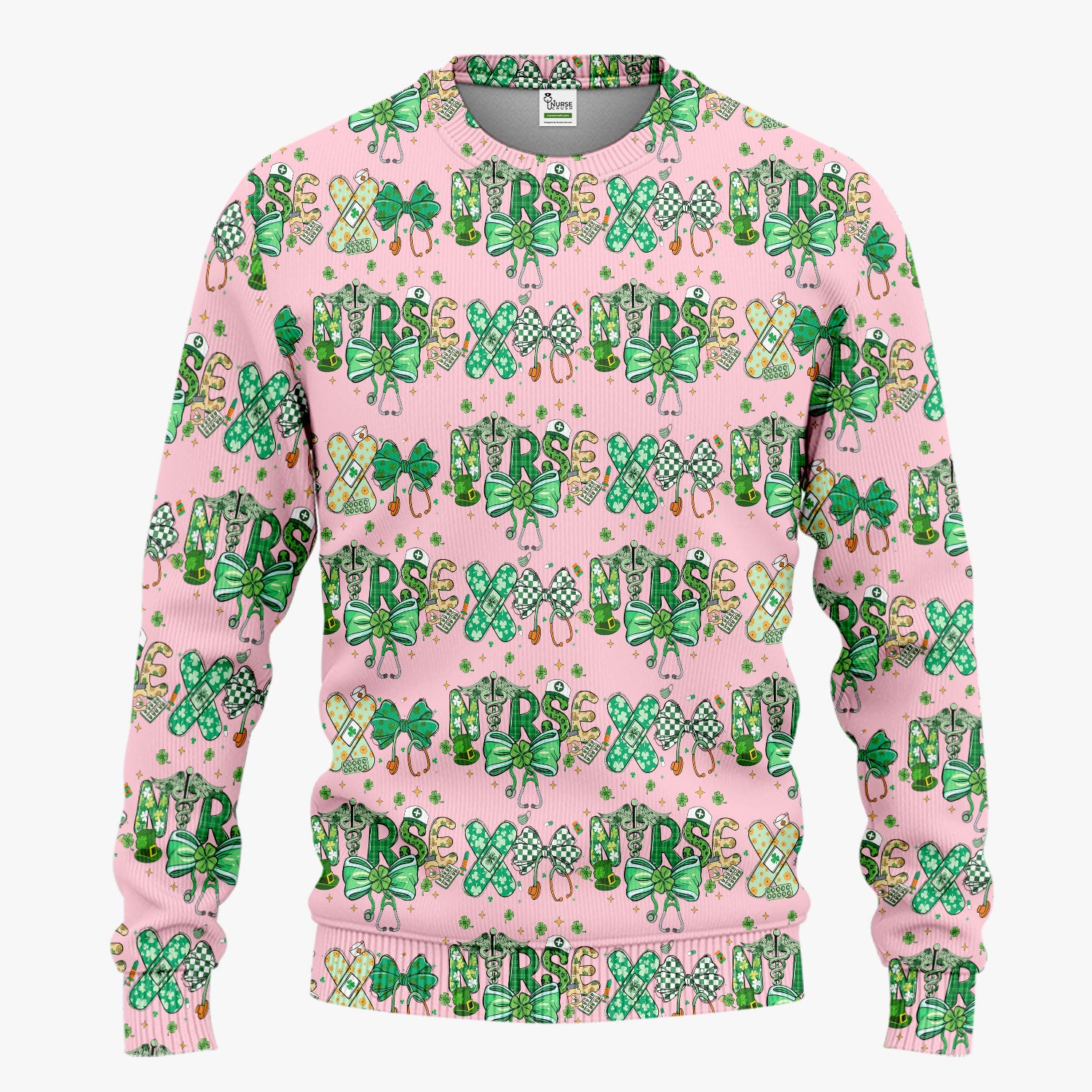 St. Patrick’s Nurse Scrub Set, Lucky Clover And Green Bow Pattern Nurse Shirt, Breathable Fabrics Nursing Uniform