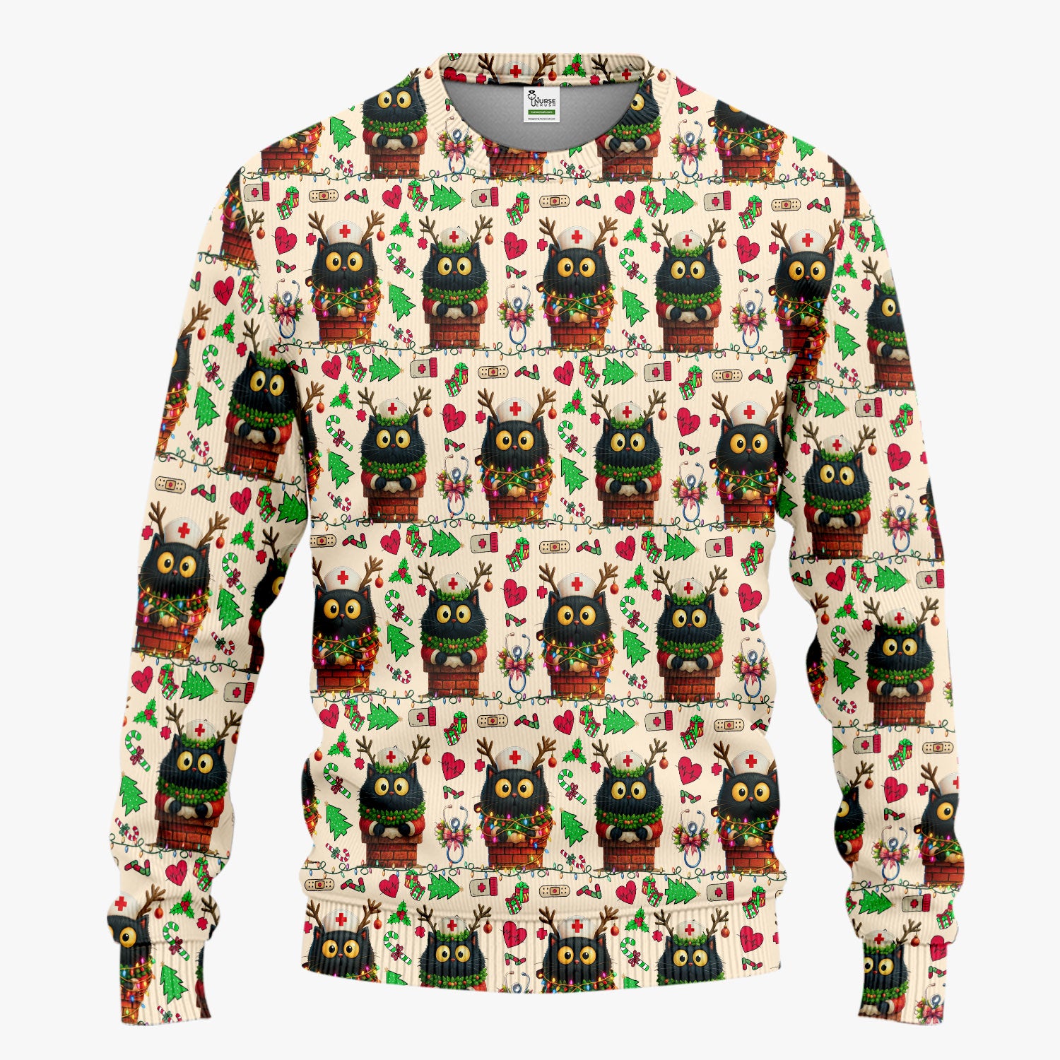 Funny Black Cat Scrub Set for Nurse - Cute Reindeer Cat with Christmas Lights - Festive Holiday Medical Uniform - Kitten Lover Gift