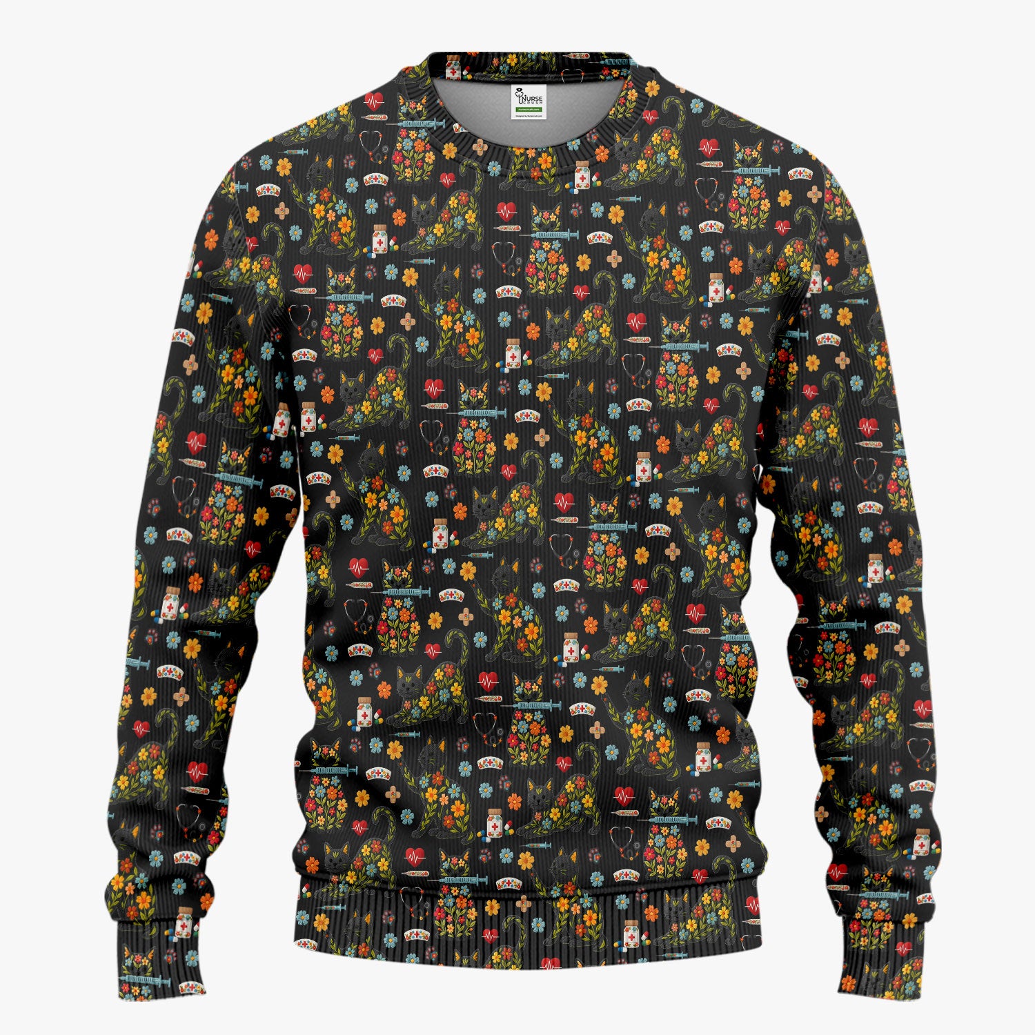 Floral Black Cat Pattern Scrub Set, Cute Cat Nurse Scrub Shirt, Medical Nursing Uniform