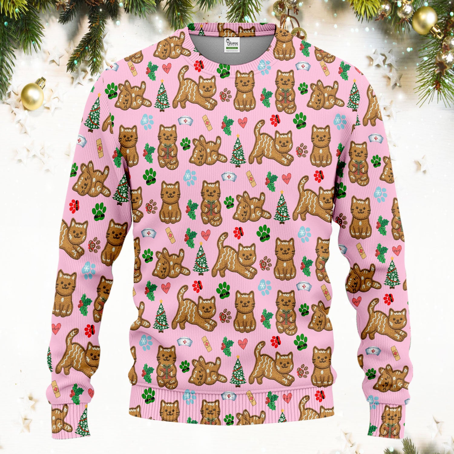 Gingerbread Cat Christmas Scrub Set, Cute Holiday Kitty Medical Uniform Shirt For Nursing, Festive Nurse Pattern