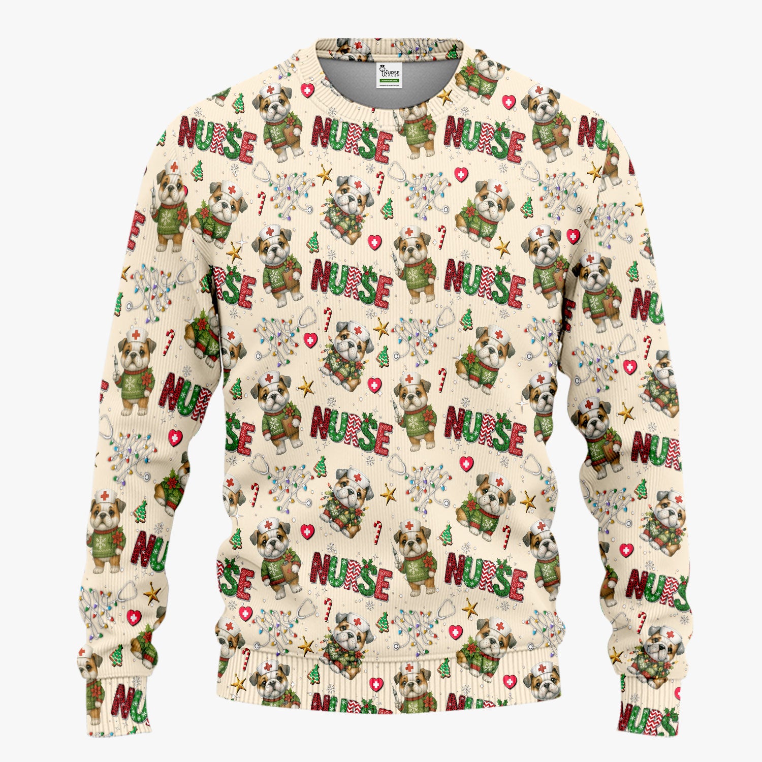 Bulldog Christmas Nurse Scrub Set - Funny Dog Scrubs Pants and V Neck Top - Cute Holiday Medical Uniform