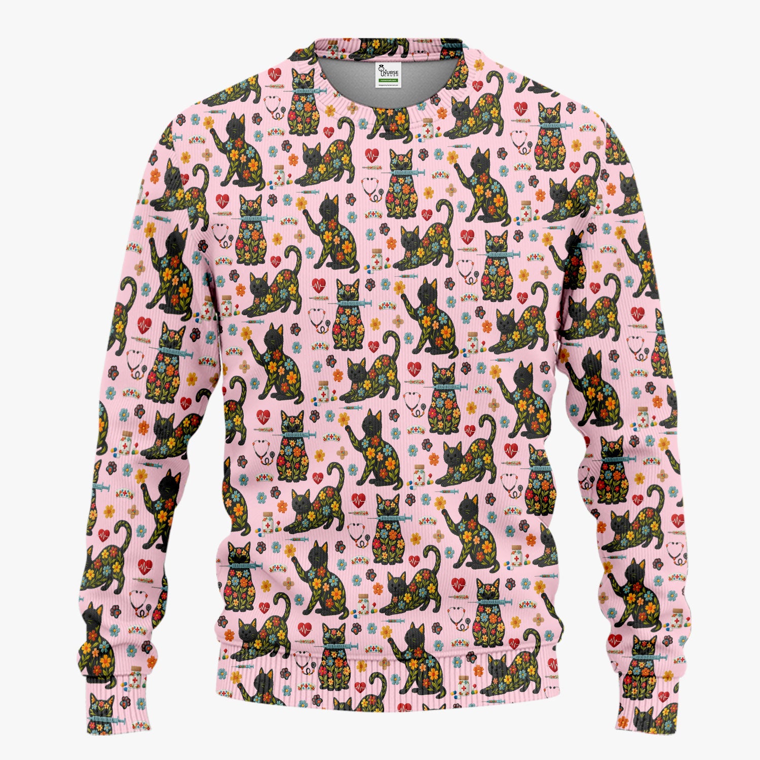 Floral Black Cat Pattern Scrub Set, Cute Cat Nurse Scrub Shirt, Medical Nursing Uniform