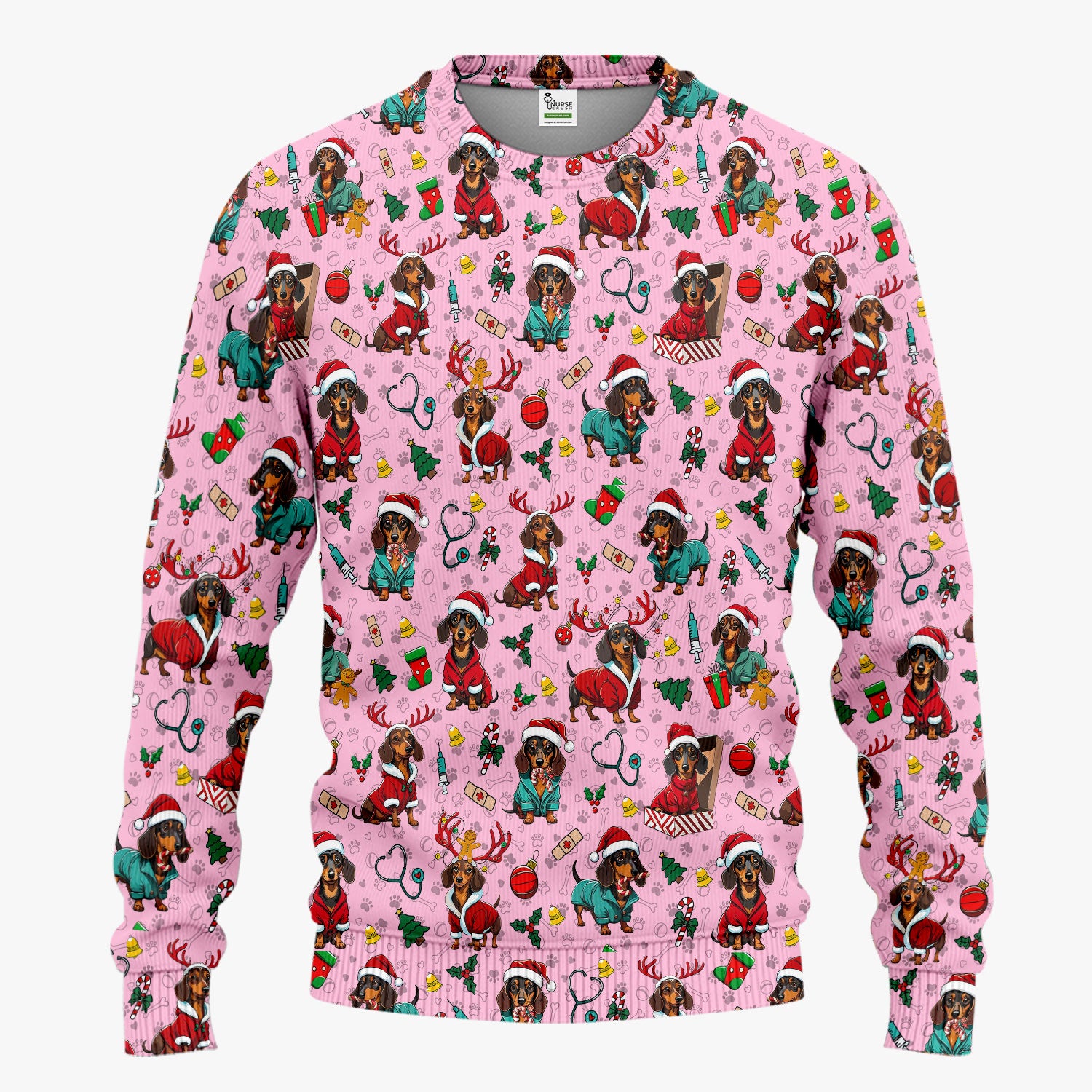 Christmas Dachshund Scrub Set for Nurses - Cute Sausage Dog Holiday - Funny Reindeer & Santa Scrubs Pants and V Neck Top