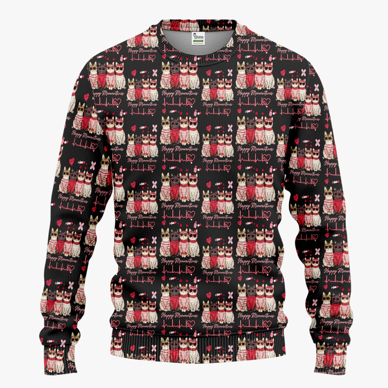 Happy Meowtines Cat Pattern Scrub Set, Valentine Cat Lover Nurse Scrub Shirt, Heartbeat Medical Pattern Nursing Uniform