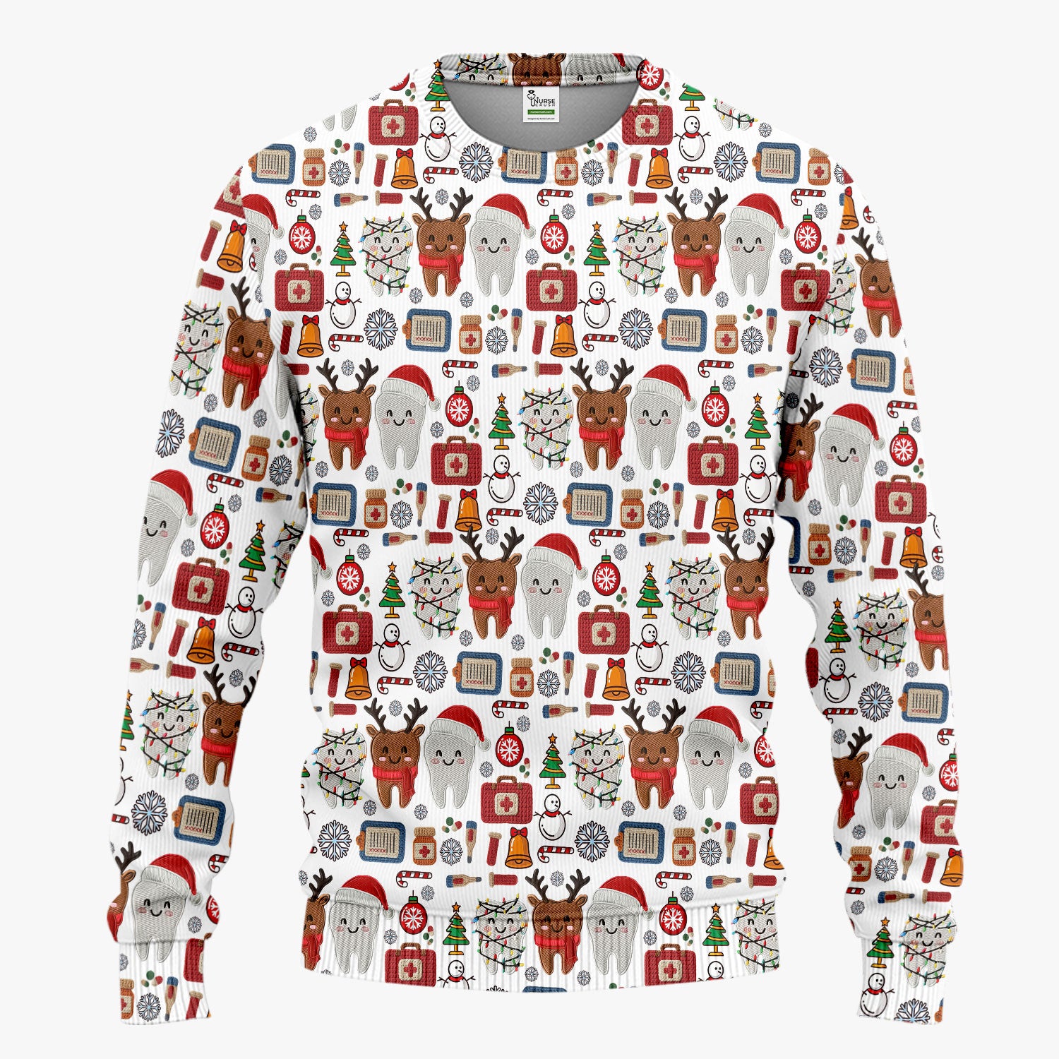 Christmas Dental Scrub Set - Cute Santa & Reindeer Tooth Pants and V Neck Top - Funny Gift for Dentists, Hygienists, Nurses