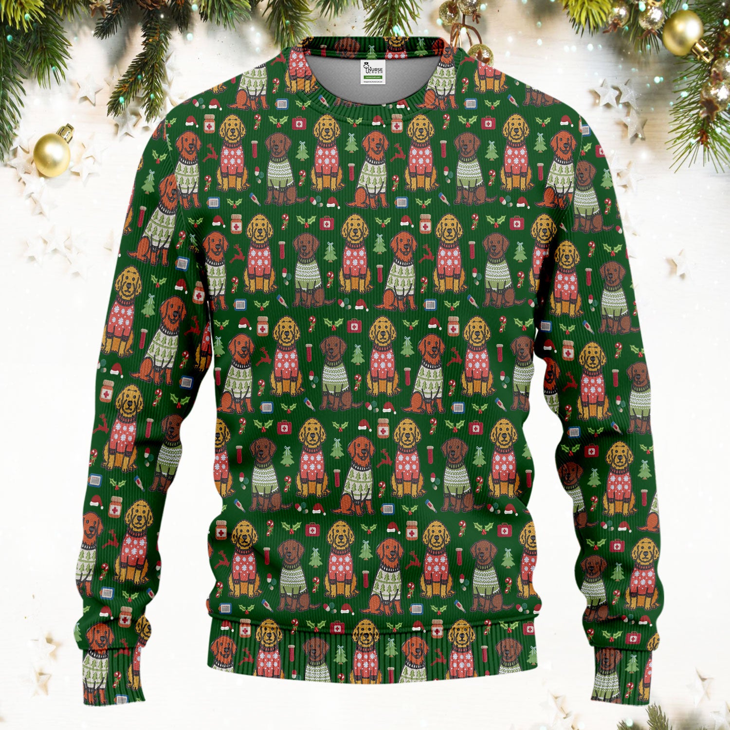 Golden Retriever Christmas Scrub Set, Cute Holiday Dog Nurse Pattern Shirt, Breathable Fabrics Nursing Uniform