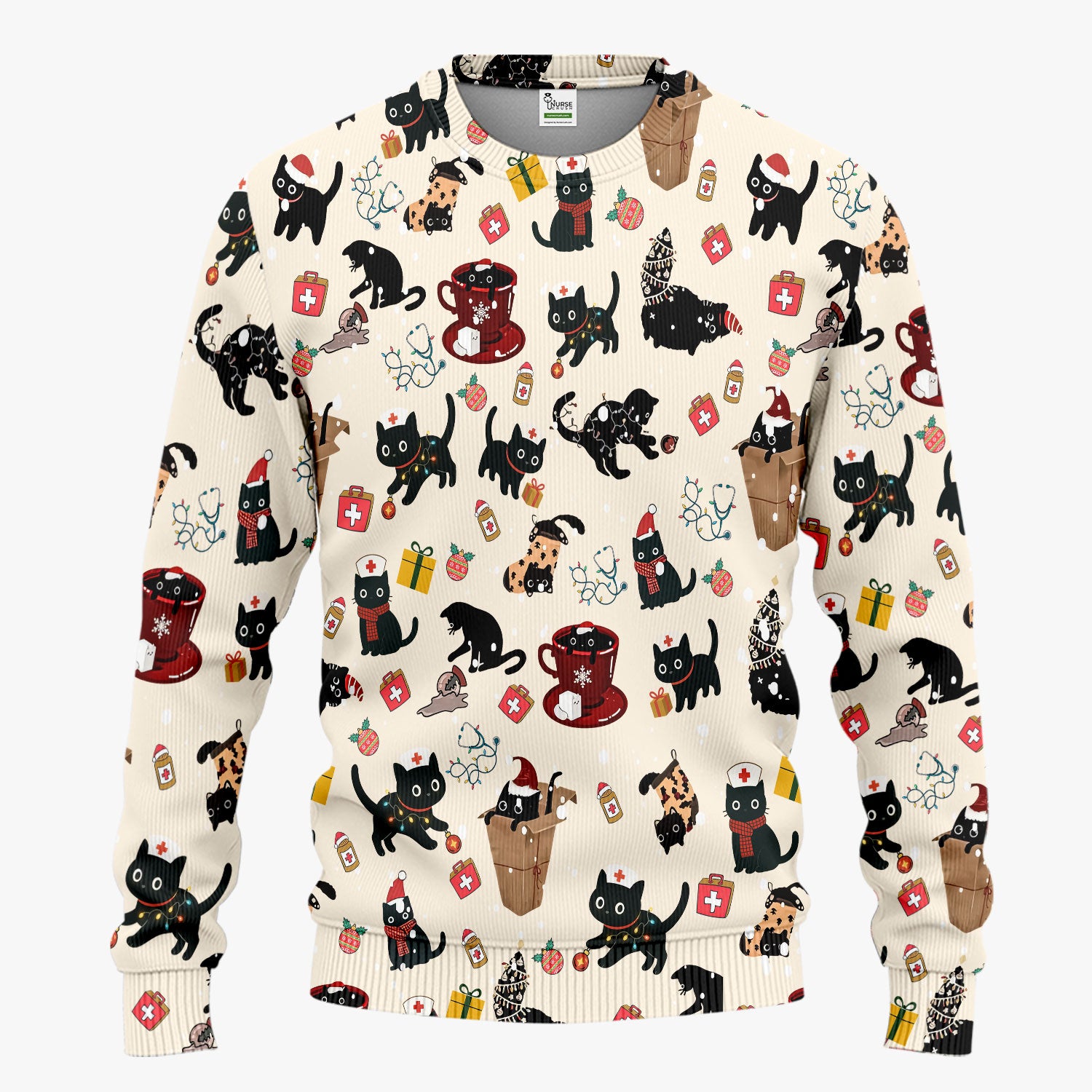 Funny Cat Scrub Sets for Women - Christmas Black Cats Pants and V Neck Top - Breathable Fabrics Nursing Uniform