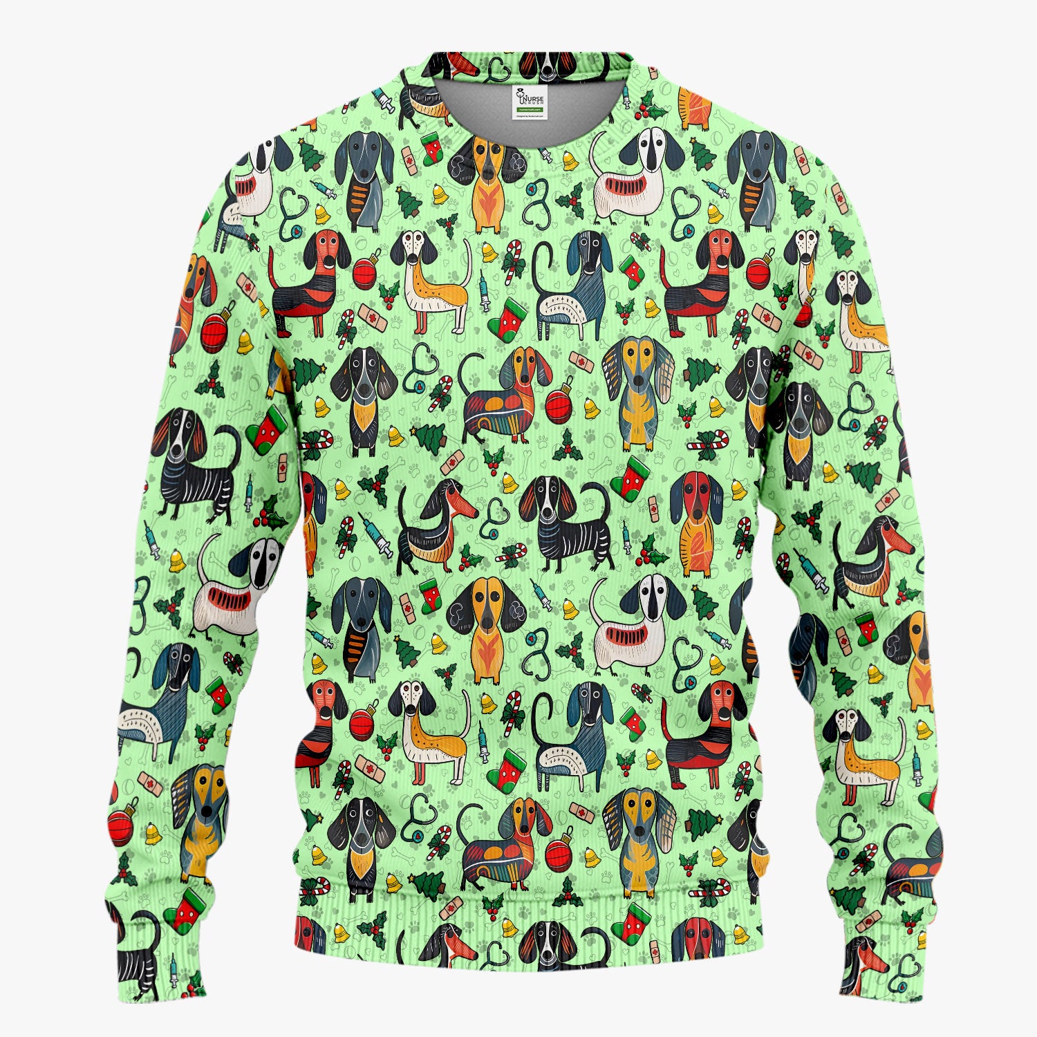 Dachshund Christmas Scrub Set - Cute Wiener Dog Pants and V Neck Top - Holiday Medical Uniform