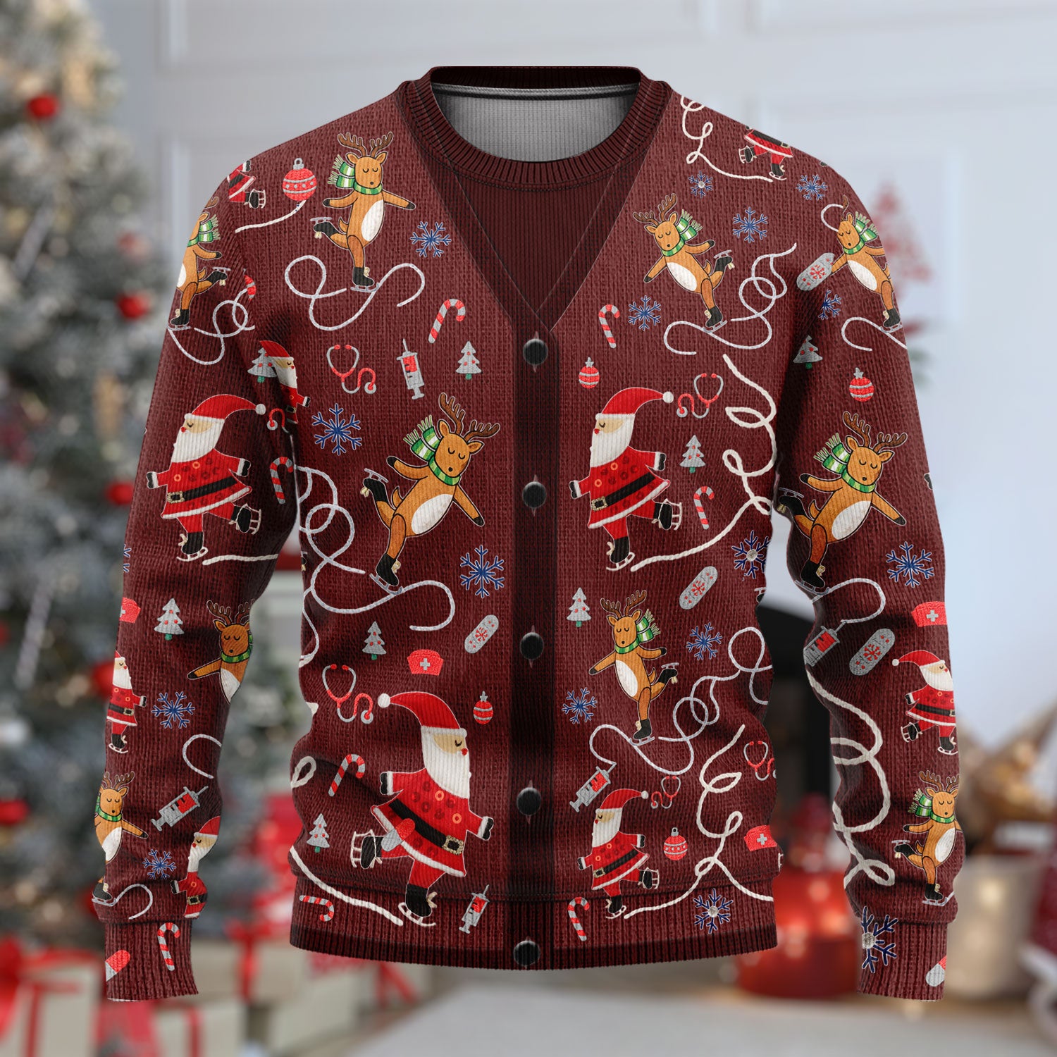 Christmas Reindeer Santa Nurse Ugly Sweater, Cute Holiday Medical Uniform Sweater for Women