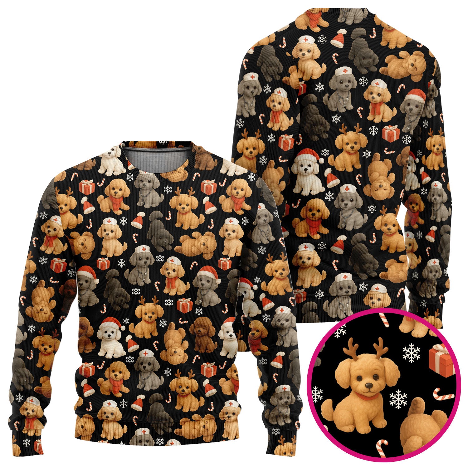 Christmas Poodle Scrubs Set for Women - Cute Dog Pattern Scrub Top & Pants - Festive Holiday Christmas Scrubs with Adorable Poodle Design