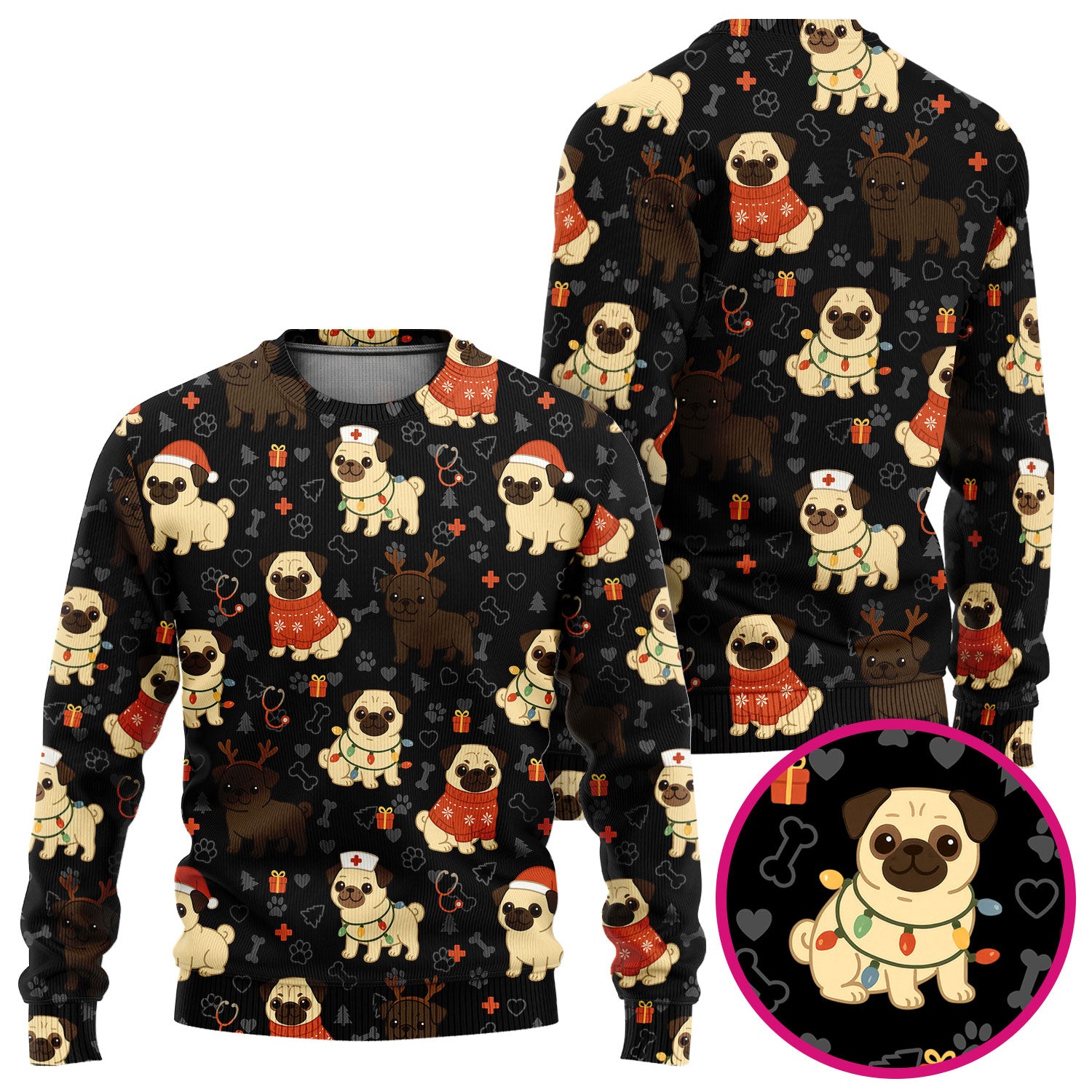 Funny Pug Christmas Nurse Scrub Set for Women - Cute Dog Pattern Holiday Medical Scrubs Top and Pants - Gift for RN LPN CNA