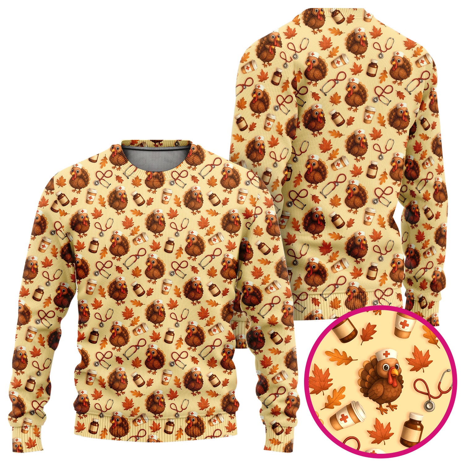 Turkey Pattern Thanksgiving Scrub Set - Fall Leaves and Nurse Tools Print Scrubs - Fun Autumn Medical Pants and Top Gift for RN CNA LPN
