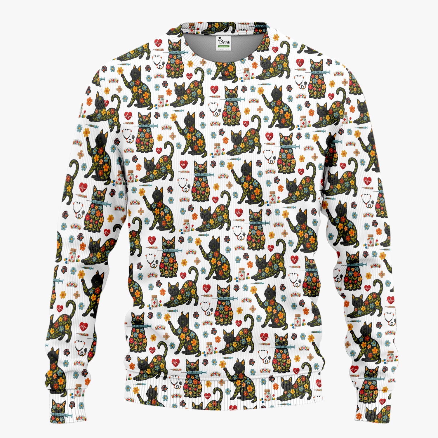 Floral Black Cat Pattern Scrub Set, Cute Cat Nurse Scrub Shirt, Medical Nursing Uniform