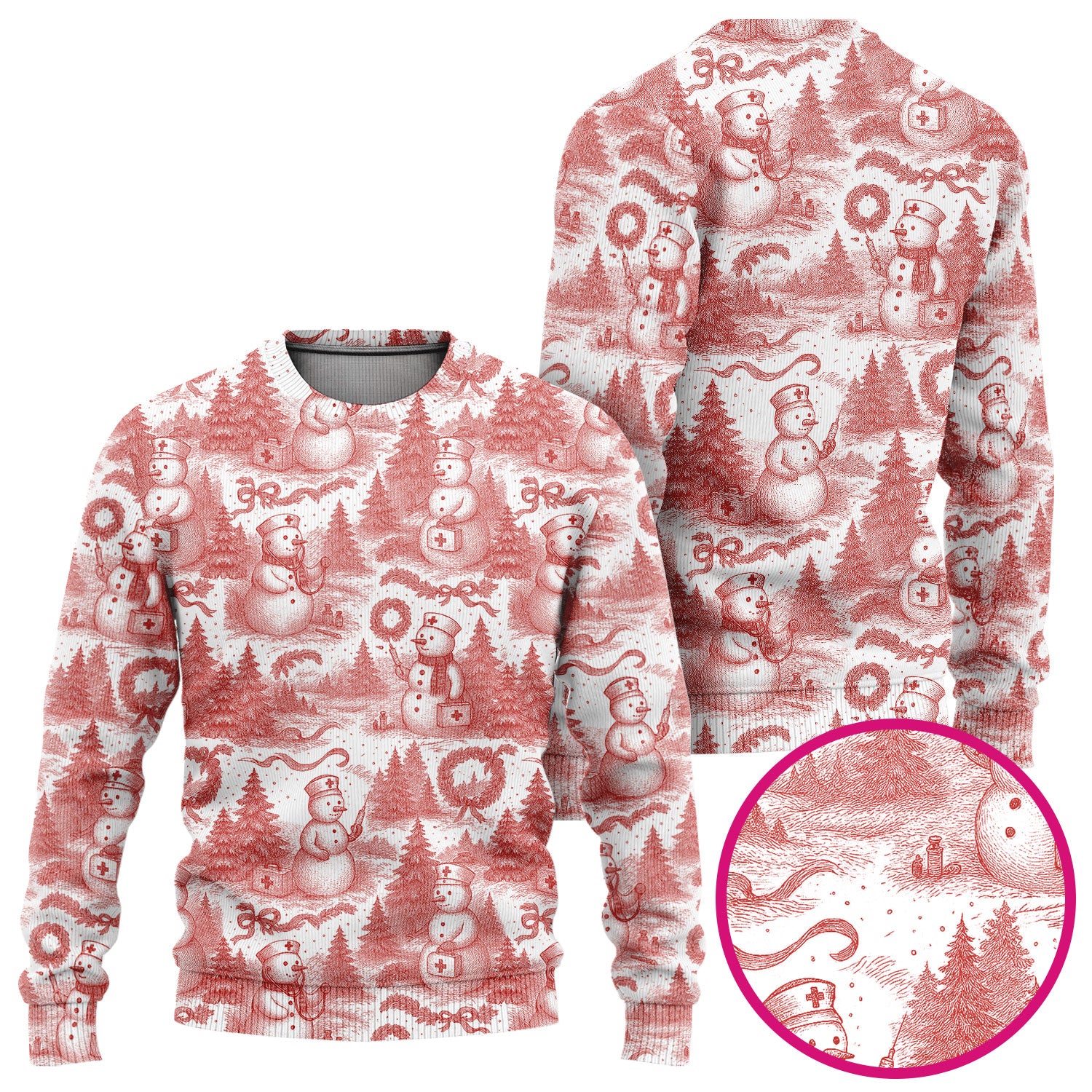 Toile de Jouy Christmas Scrubs Set – Elegant Snowman and Nurse Pattern – Classic Holiday Scrub Top and Pants for Women