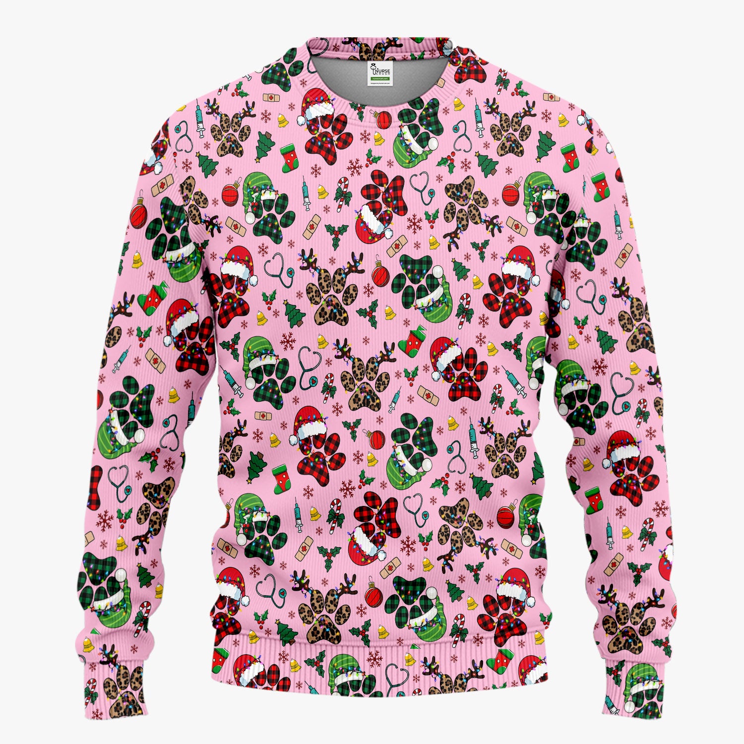 Christmas Paw Print Scrub Set for Nurses - Cute Leopard Holiday Pants and V Neck Top - Funny Pet Medical Uniform Gift