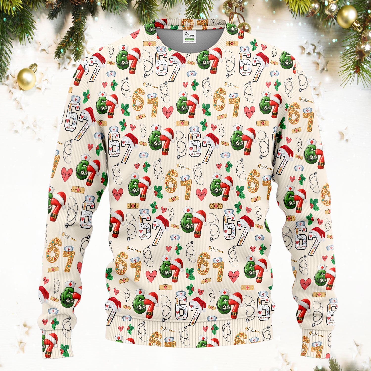 Christmas Nurse 67 Pattern Scrub Set, Cute Holiday Medical Uniform With Santa Hat, Uniform For Nursing