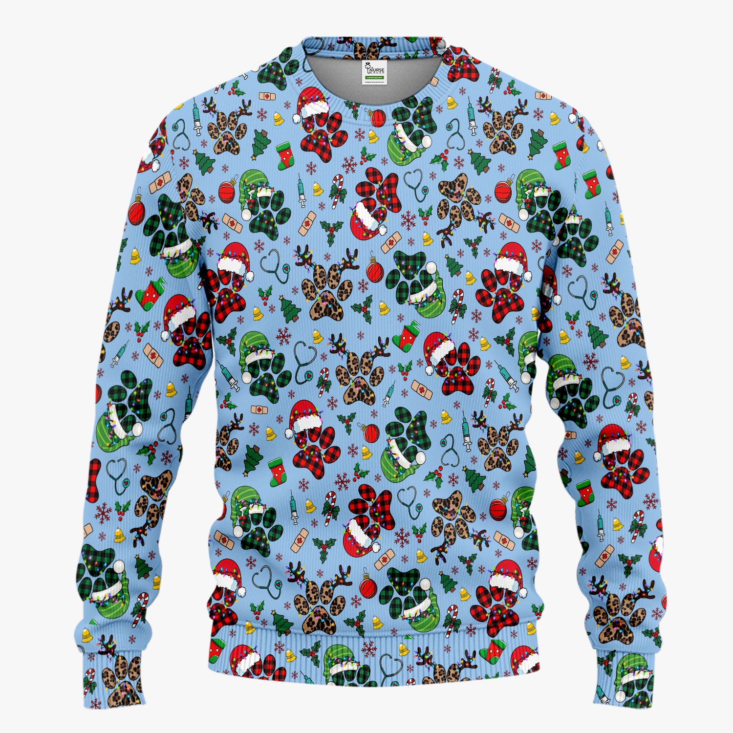 Christmas Paw Print Scrub Set for Nurses - Cute Leopard Holiday Pants and V Neck Top - Funny Pet Medical Uniform Gift