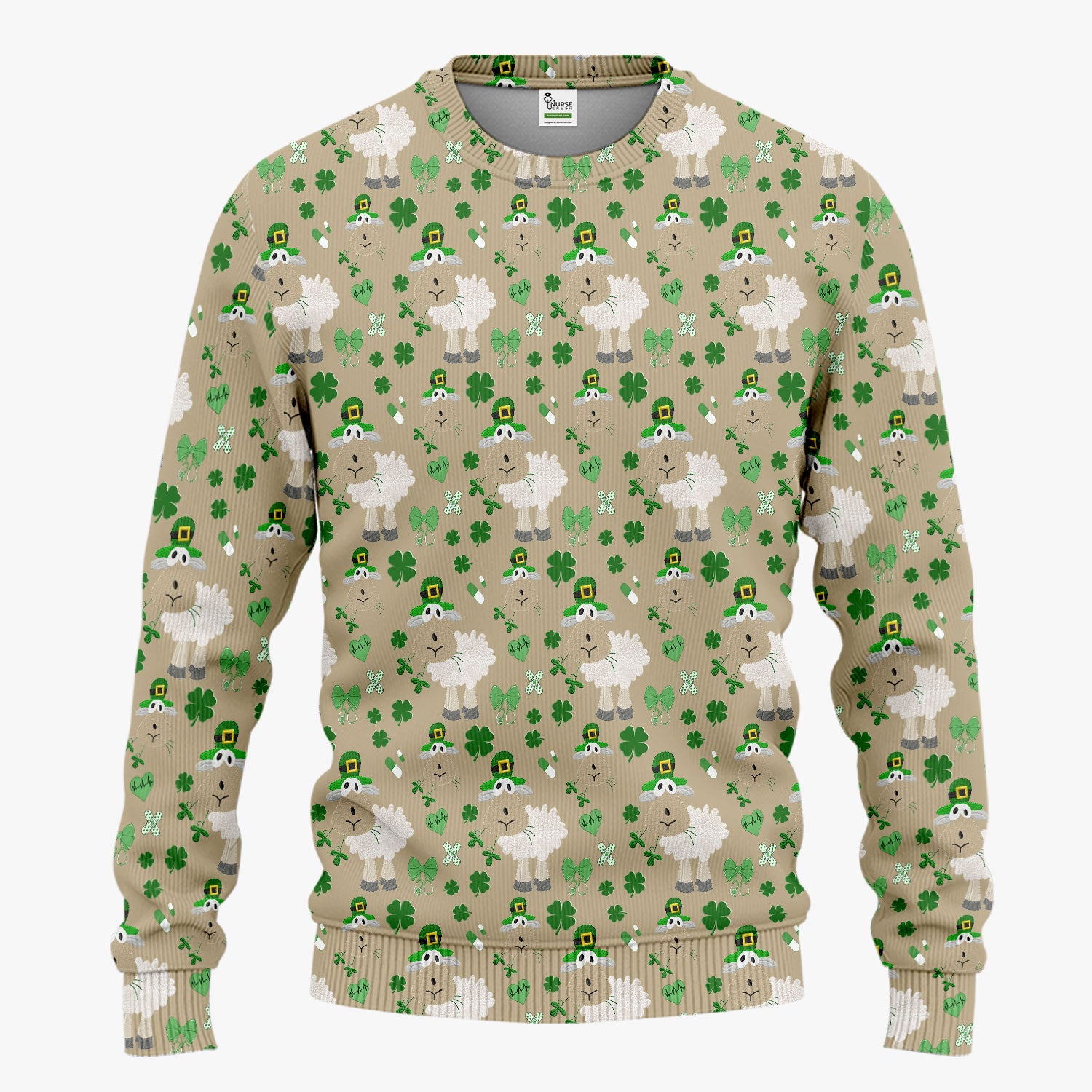 Nurse St. Patrick Scrubs Set, Cute Sheep Shamrock Pattern Nurse Shirt, Breathable Fabrics Nursing Uniform