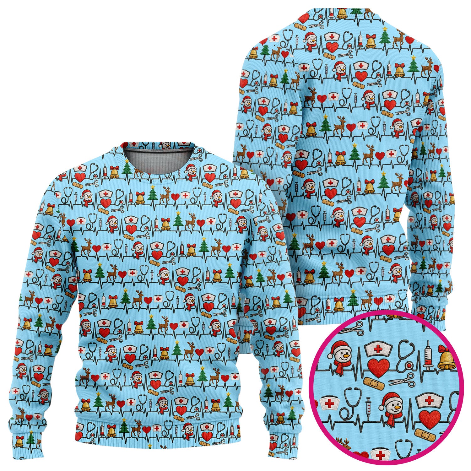 Cute Snowman Nurse Ugly Sweater, Christmas Holiday Medical Uniform For Nursing, Festive Heartbeat Print Nurse Sweater