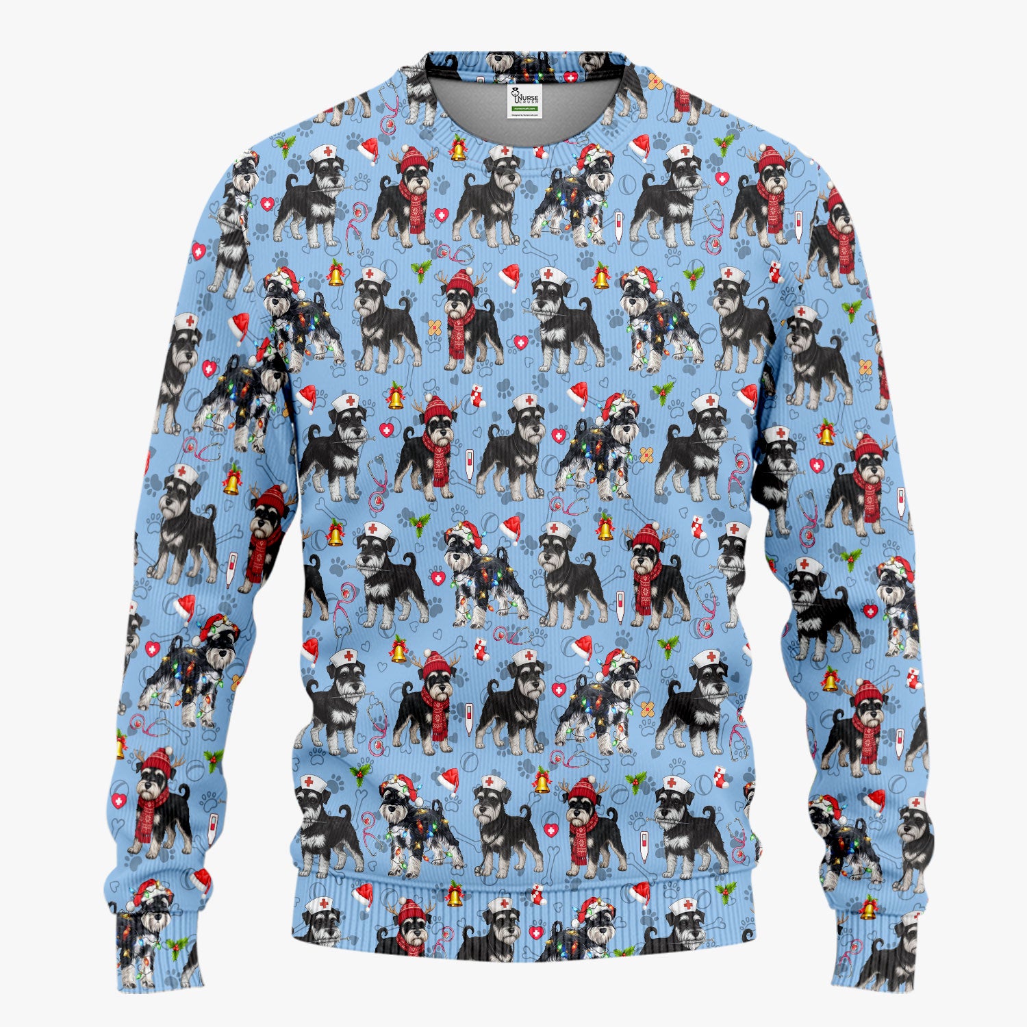 Christmas Schnauzer Scrub Set for Nurses - Cute Dog Holiday Scrubs Pants and V Neck Top - Funny Santa Nursing Medical Shirt for Women