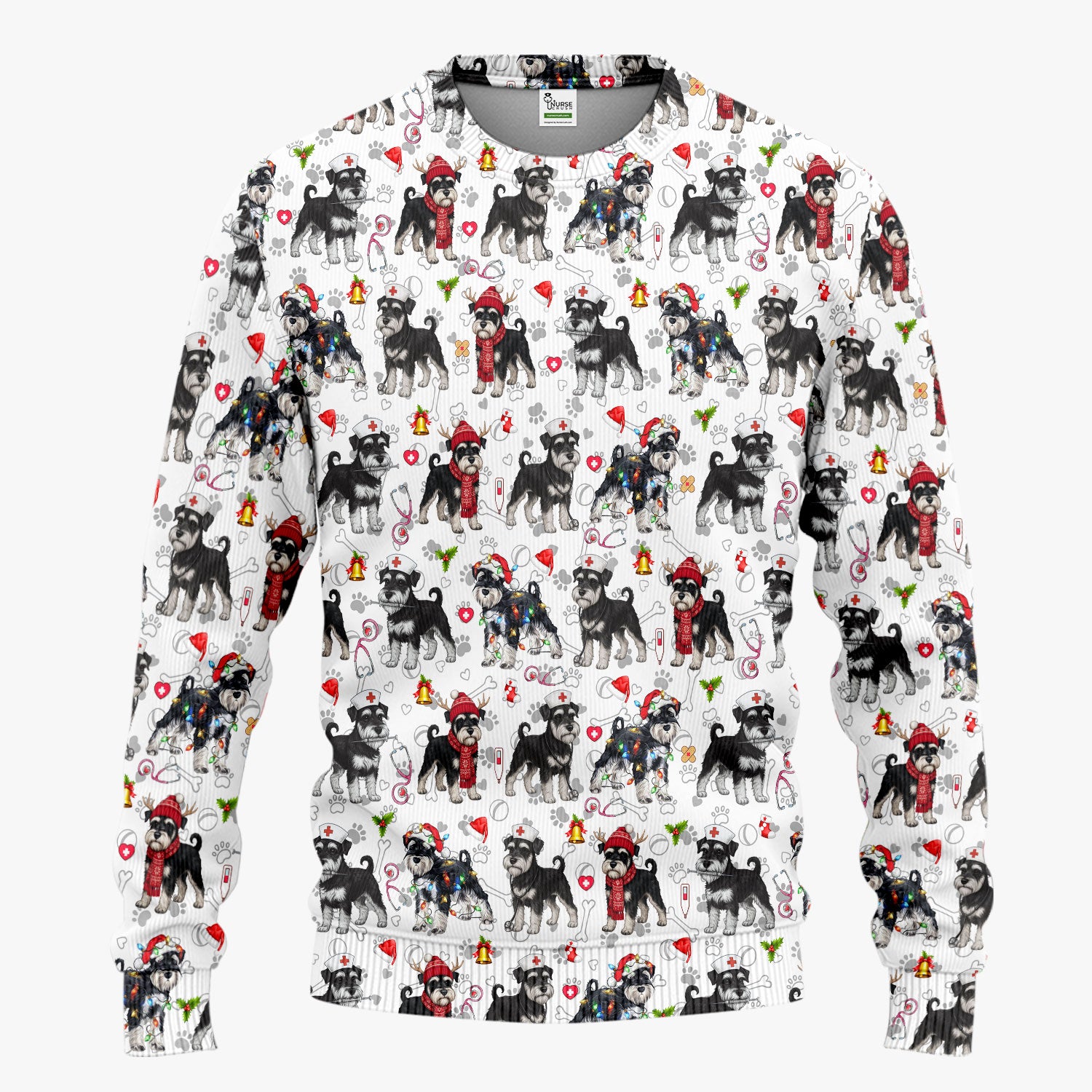 Christmas Schnauzer Scrub Set for Nurses - Cute Dog Holiday Scrubs Pants and V Neck Top - Funny Santa Nursing Medical Shirt for Women