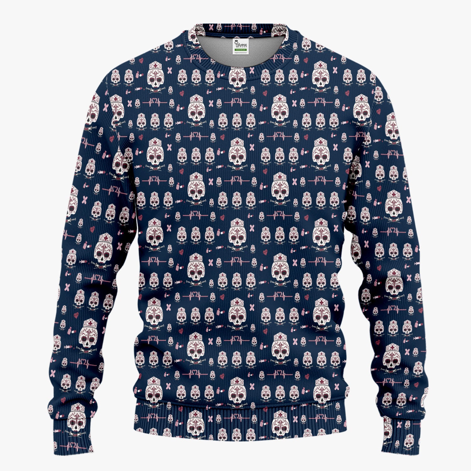Sugar Skull Scrub Set, Skull Pattern Scrub Shirt, Breathable Fabrics Nursing Uniform